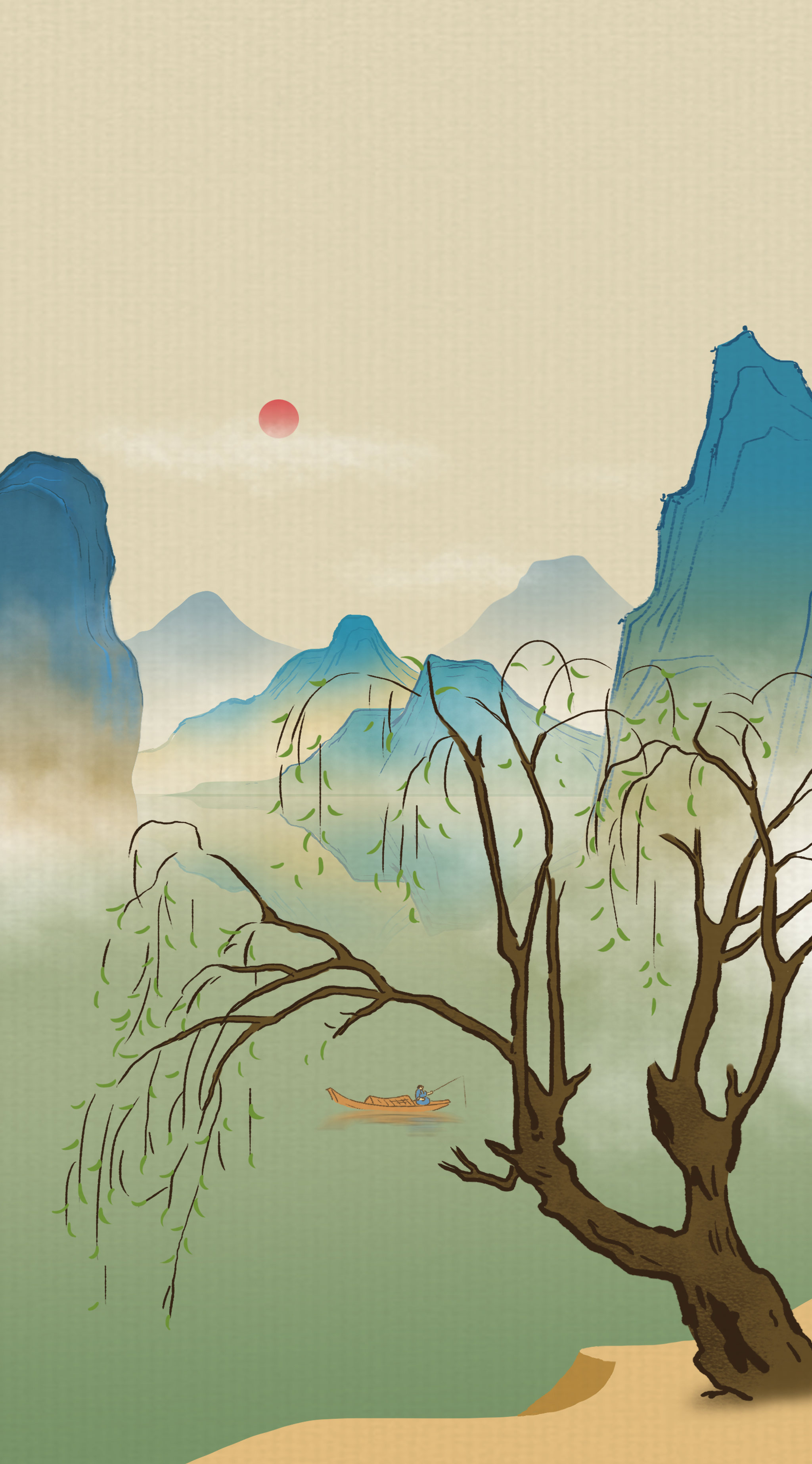 中国风新中式中国画青绿山水画仿古山川地理江河湖泊古风插画