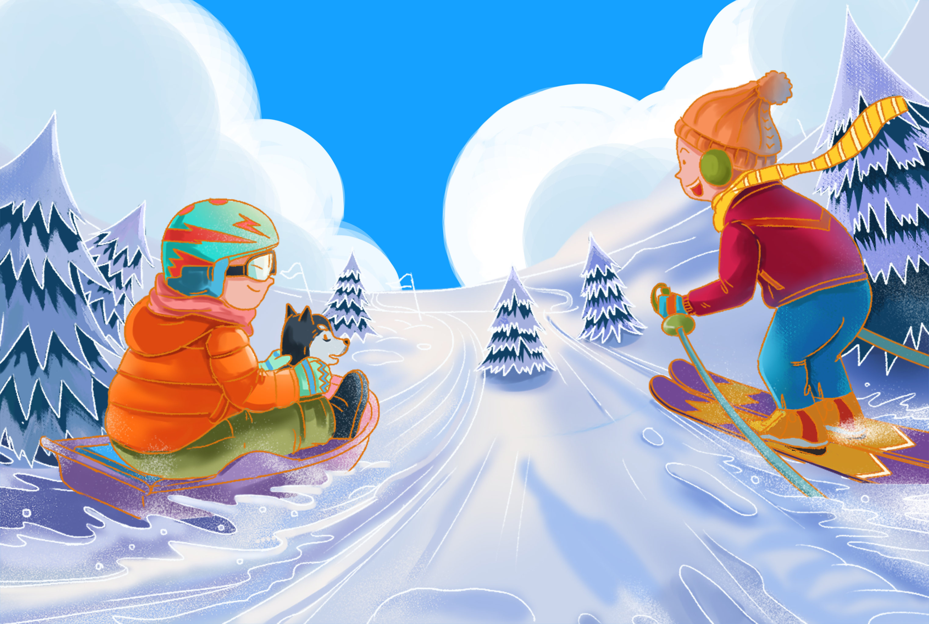 二十四节气节日北方滑雪娱乐下雪天游戏男孩锻炼身体快乐插画