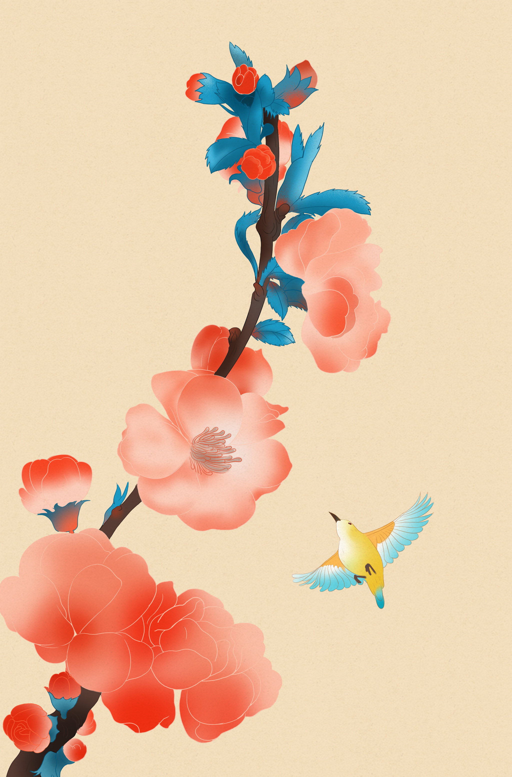 中国风传统文化国粹工笔花鸟画植物花卉与鸟类服饰包装背景插画