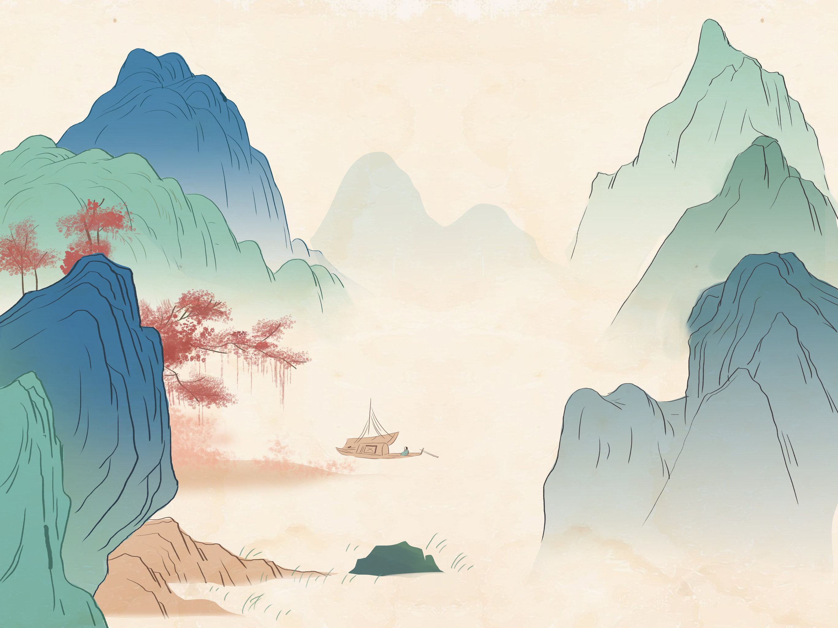 中国风新中式仿古做旧中国画青绿山水国家地理环境江南水乡插画