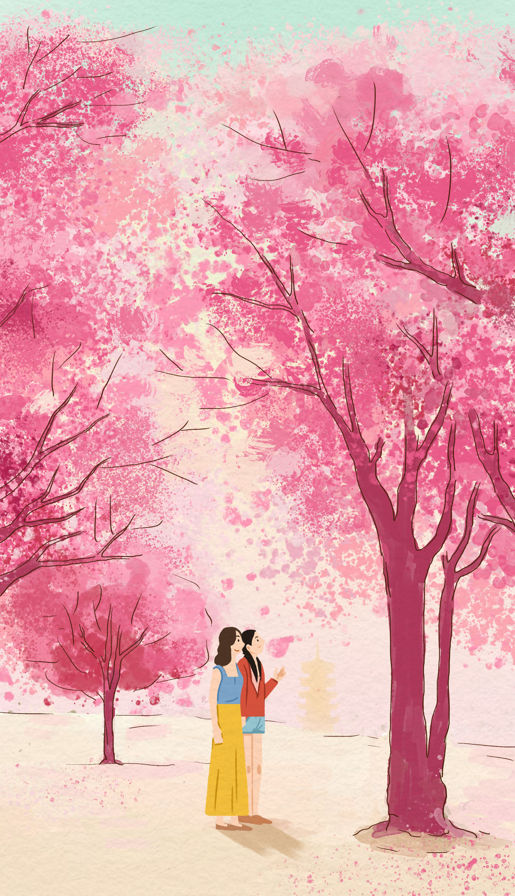 春天公园赏花游玩花园观赏节日樱花插画