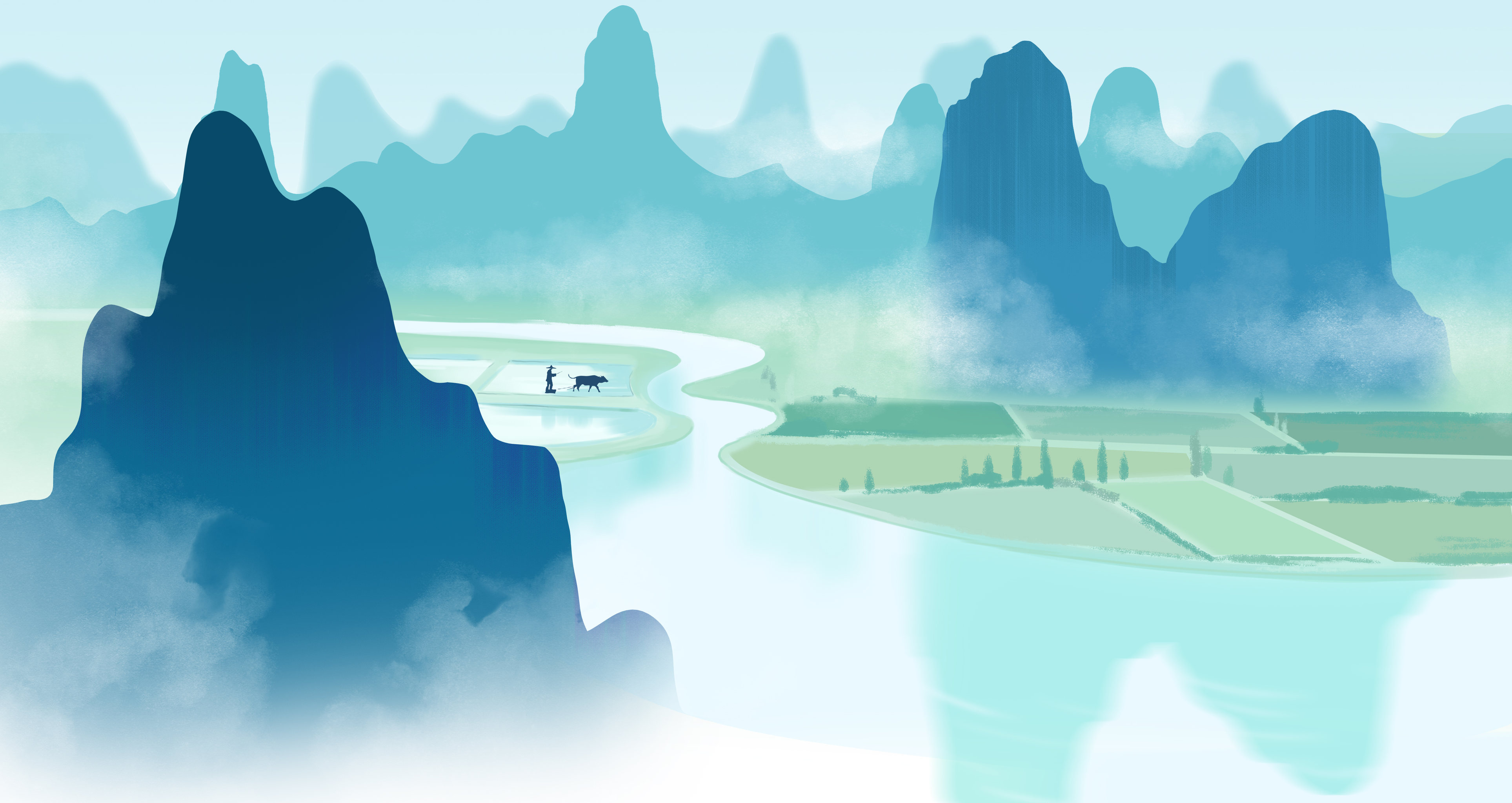 中国风青绿山水画中国山水画卷国家地理桂林山水江南水乡背景插画