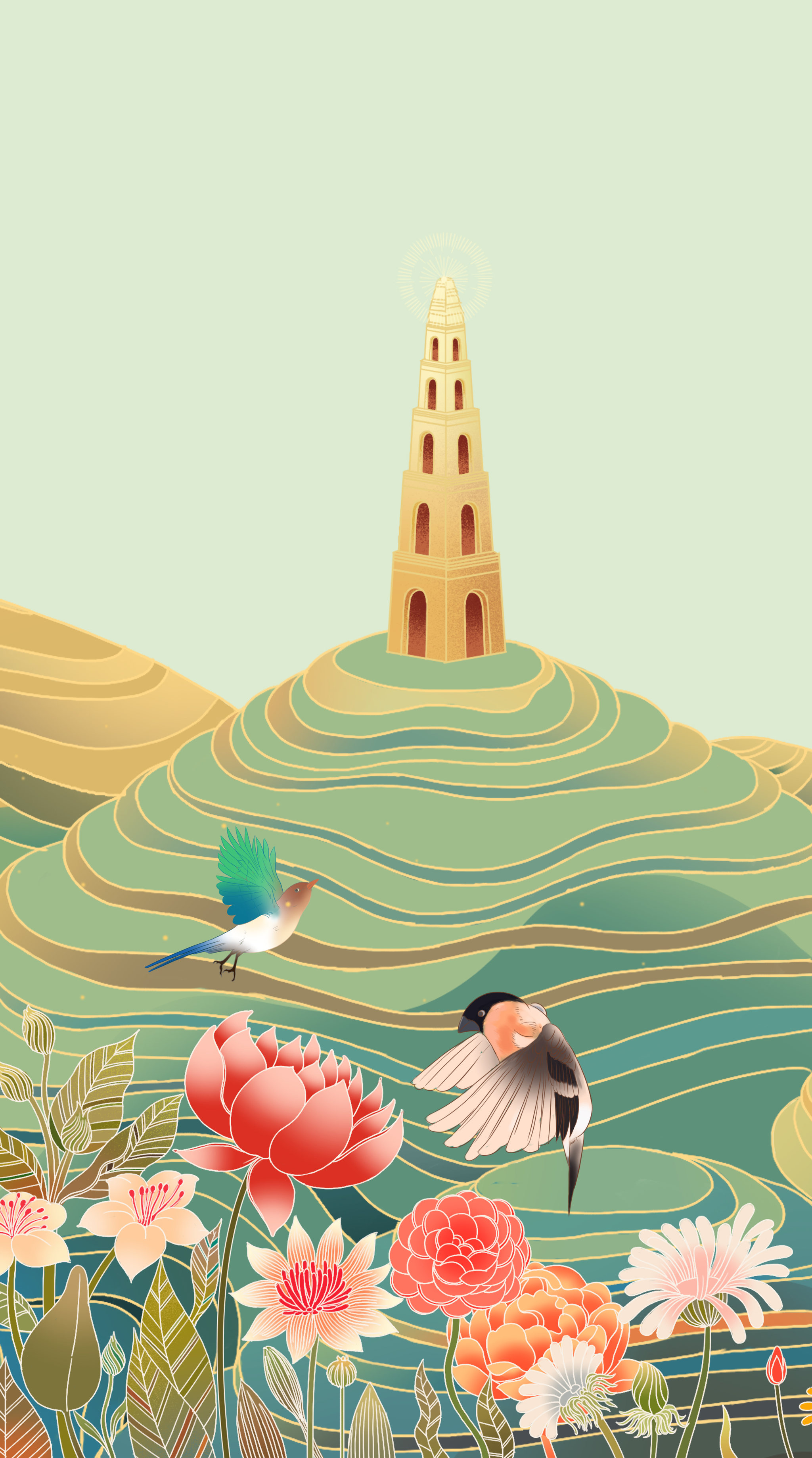 中国风传统古风绘画食品茶叶粮食农村乡下鲜花梯田背景包装插画