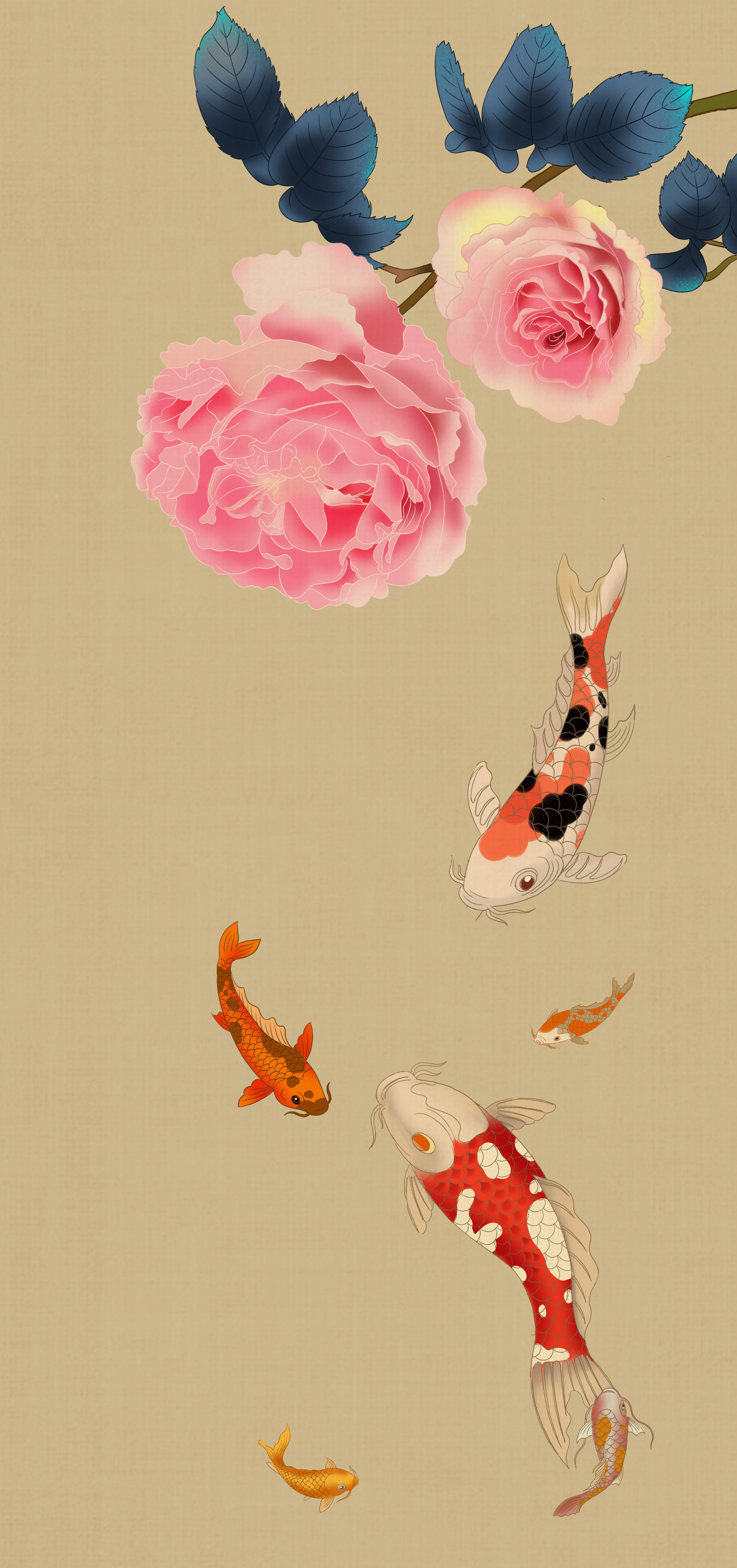 中国风传统绘画艺术中国画工笔花鸟画风格鲤鱼吉祥古风背景插画