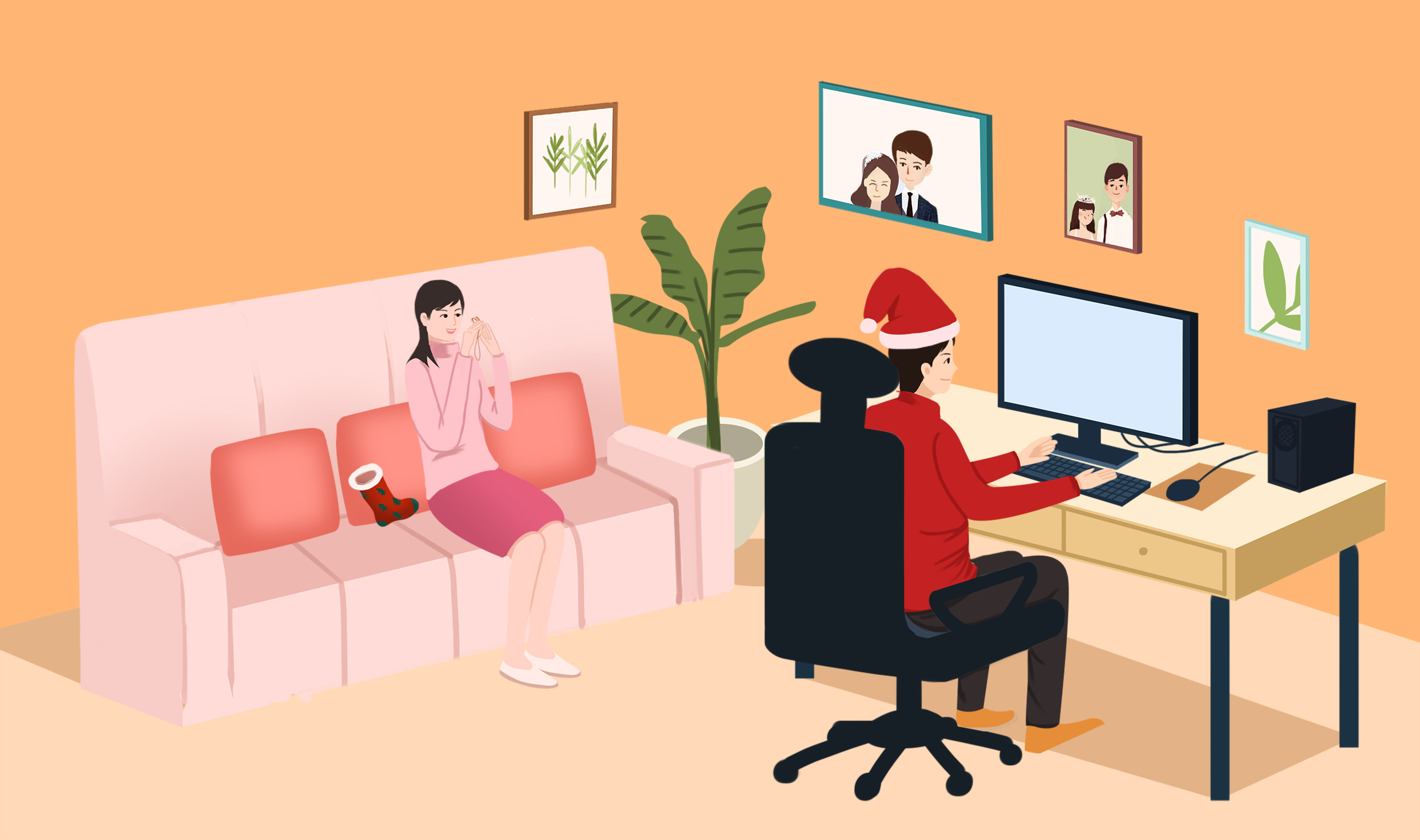 家里情侣夫妻日常生活方式温馨插画