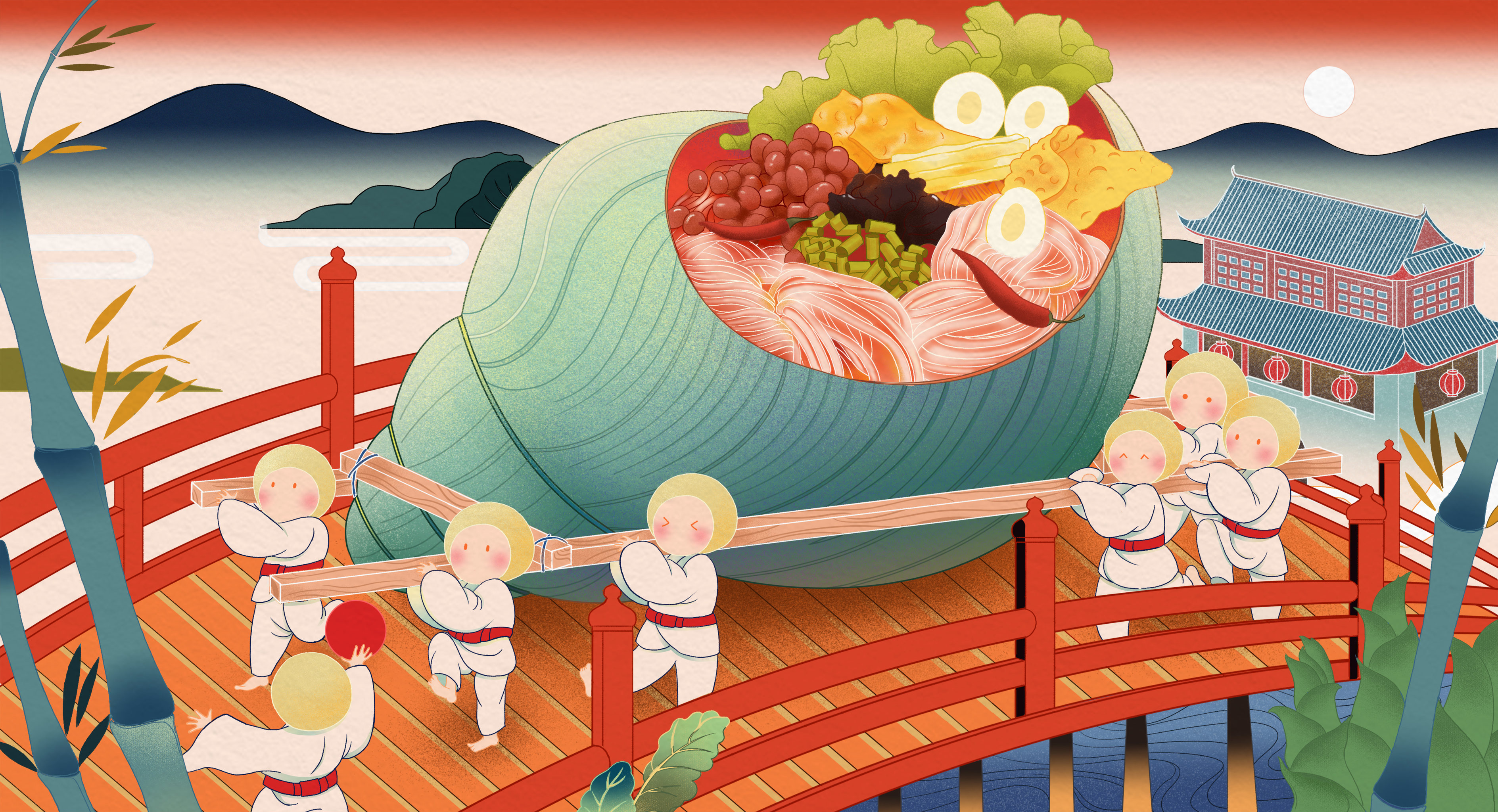 中国风传统食品螺蛳粉浮世绘风格粉丝食品包装插画