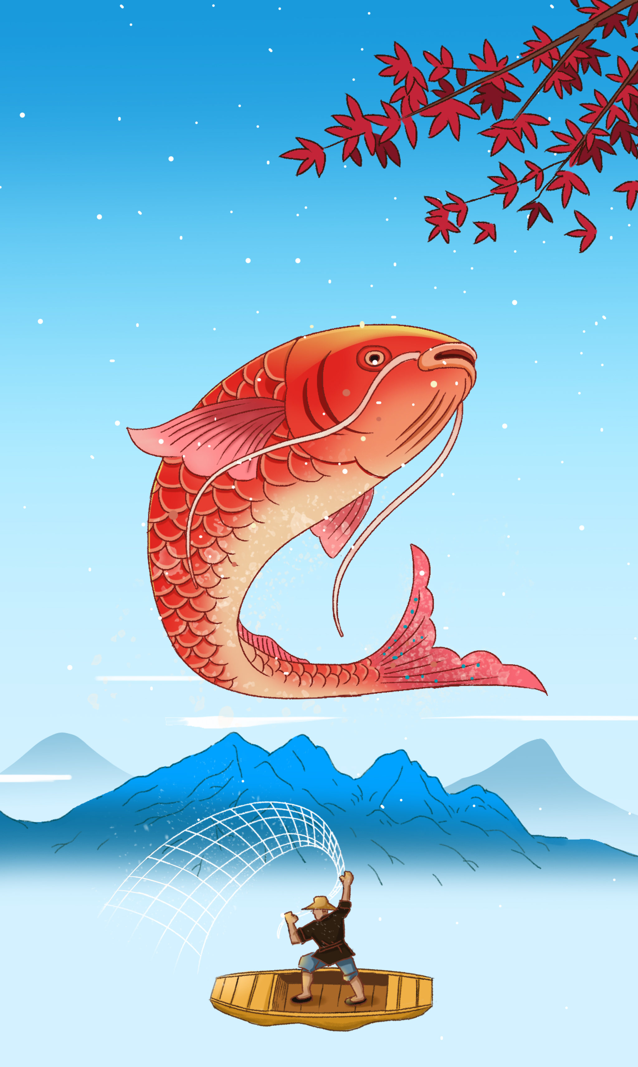 国潮风老人与海户外钓鱼捕鱼秋天丰收季节新中式国风插画