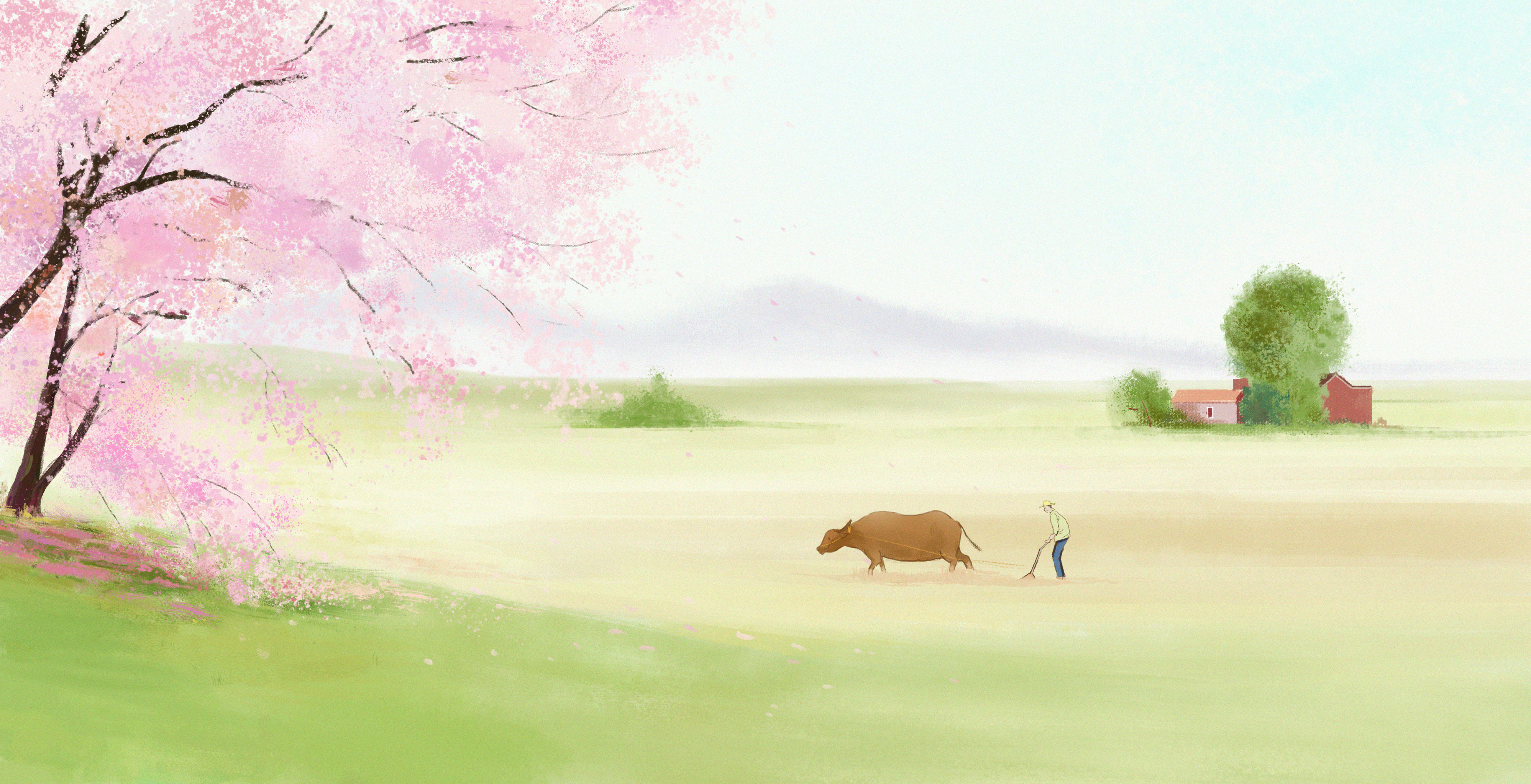 二十四节气中国风谷雨耕种唯美浪漫田野插画