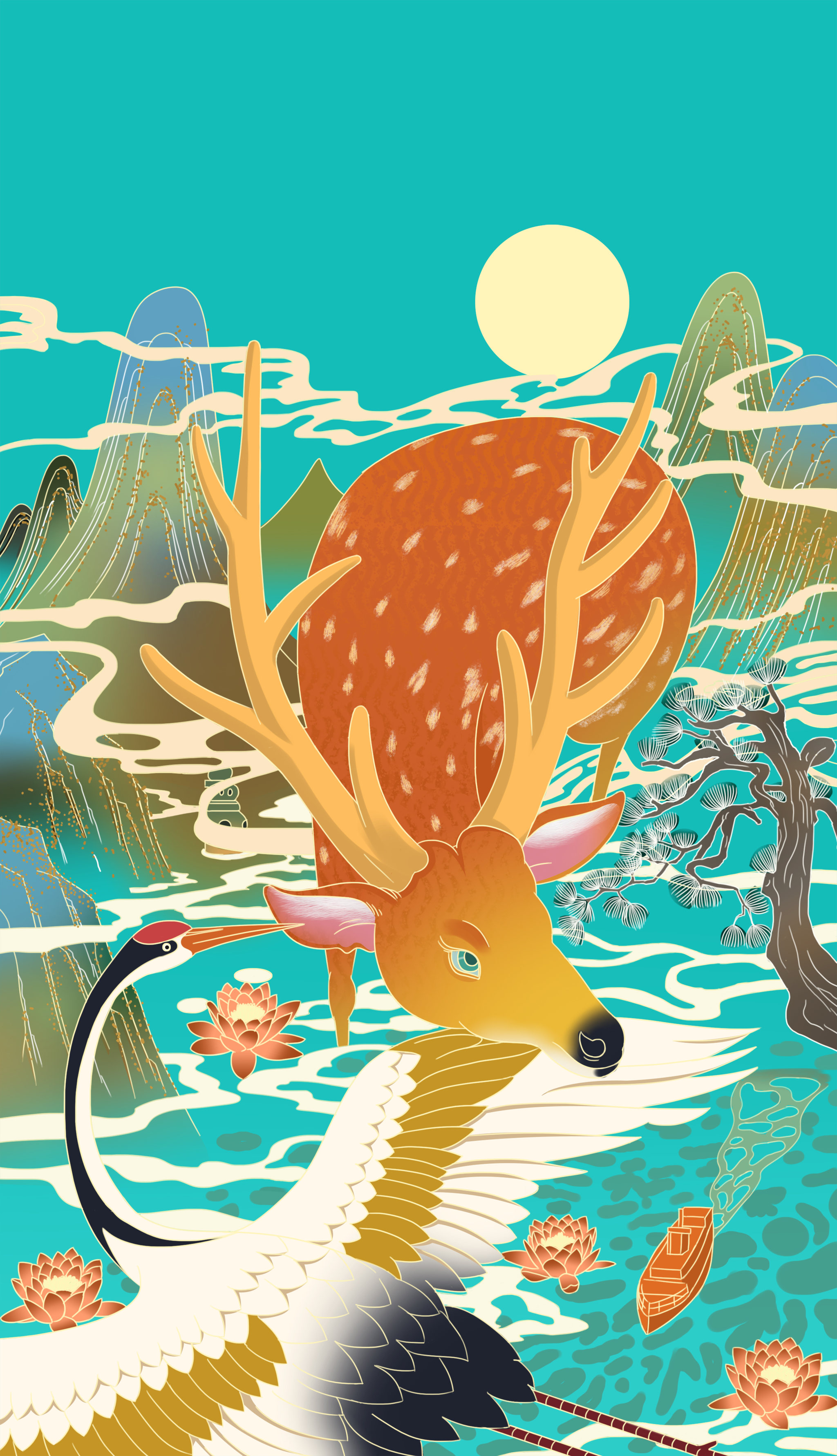 中国风传统吉祥鹿鹤国潮插画