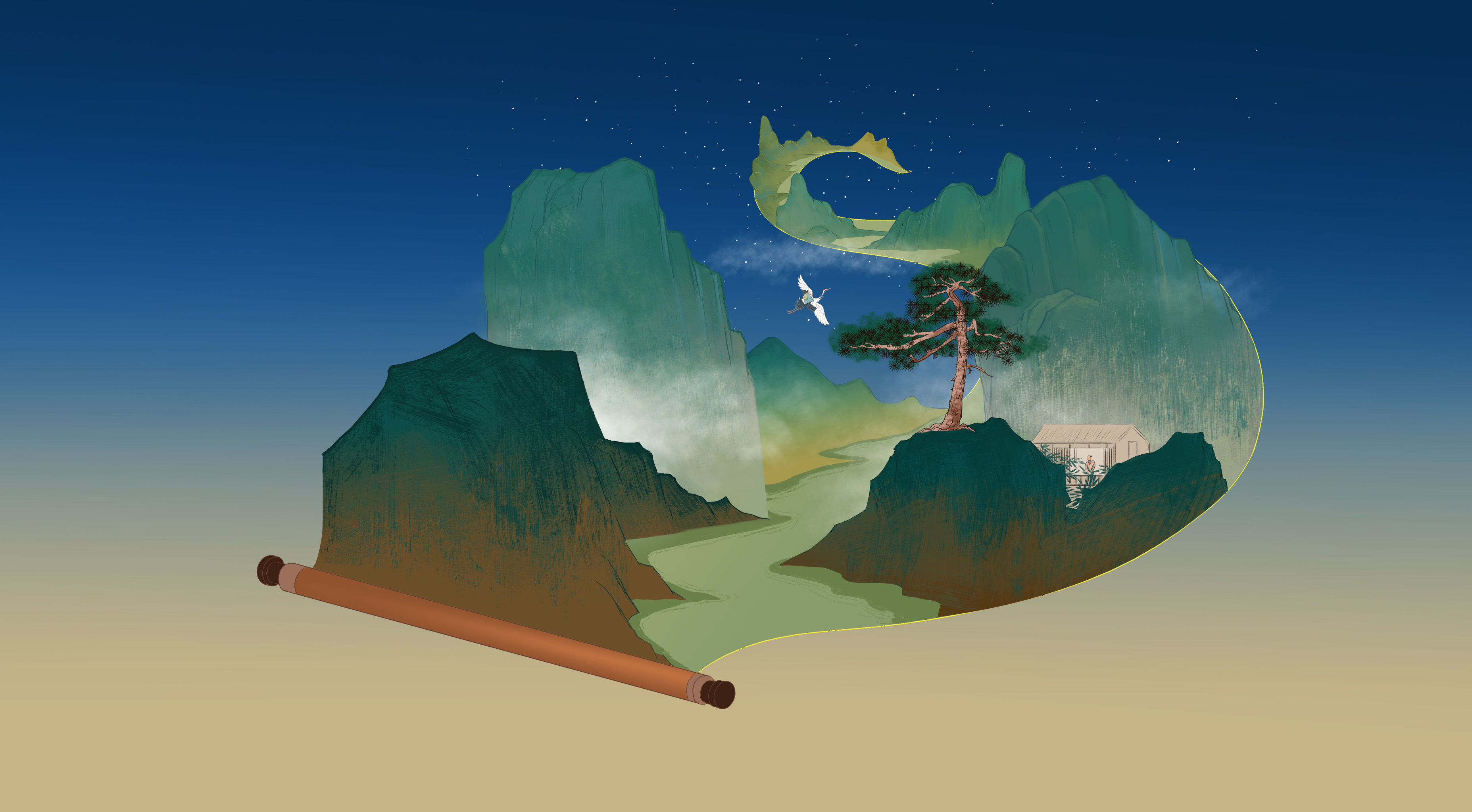 中国风新中式国画青绿山水画仿古地理江河湖海山川地理仙境插画