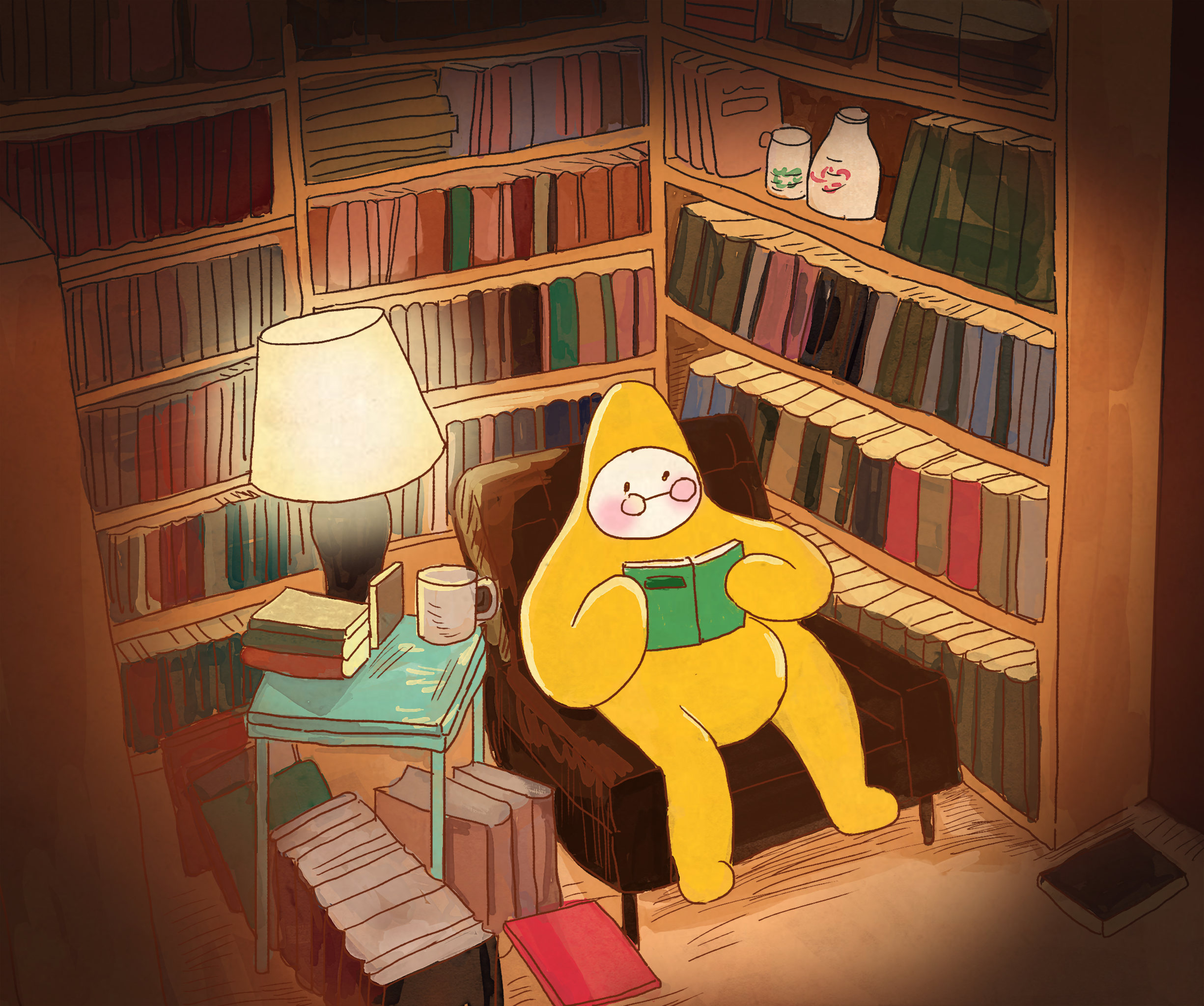 卡通可爱星星夜读深夜看书安静生活方式插画