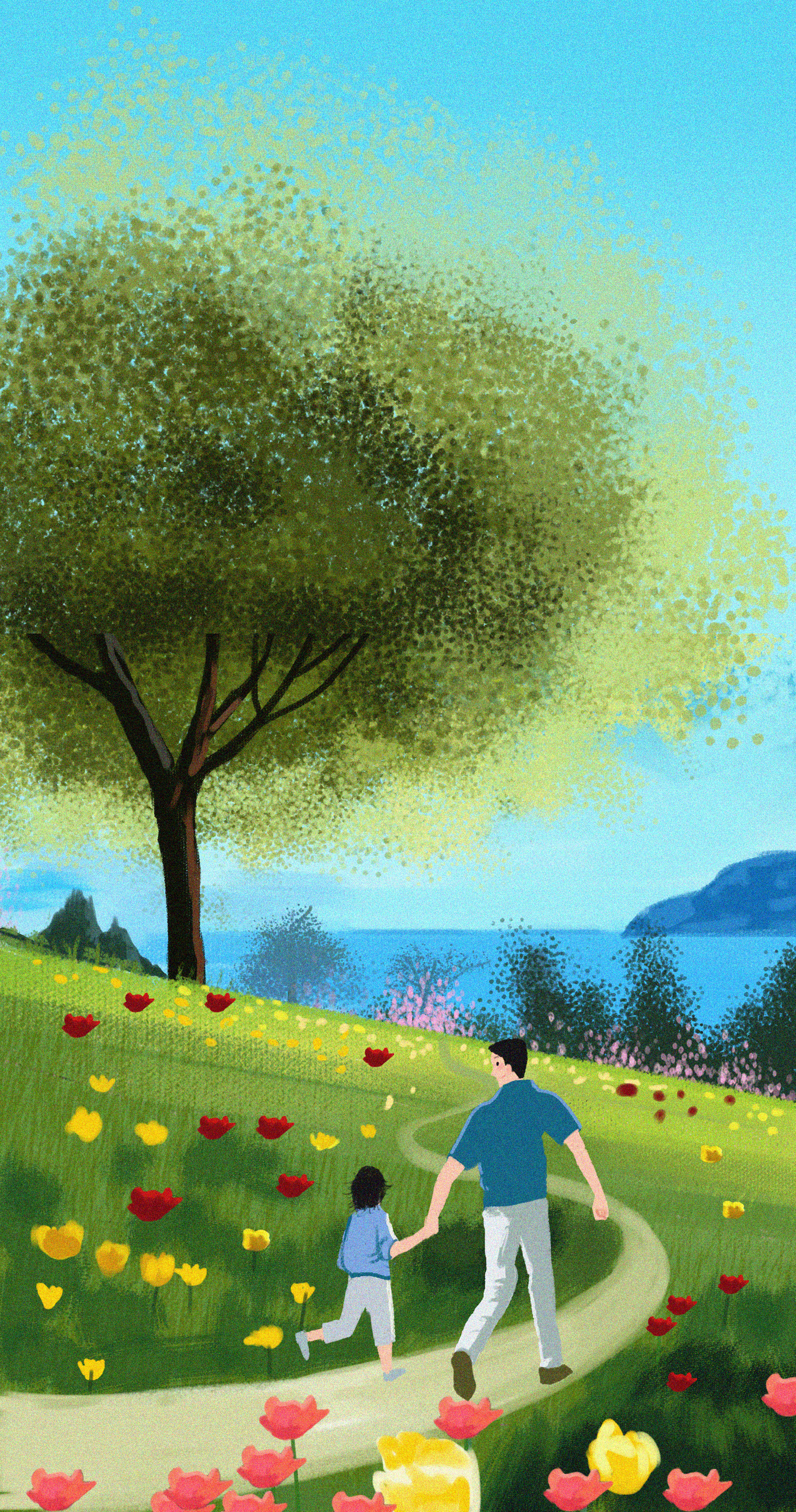 亲子互动户外踏青温情旅游旅行陪伴生活方式插画