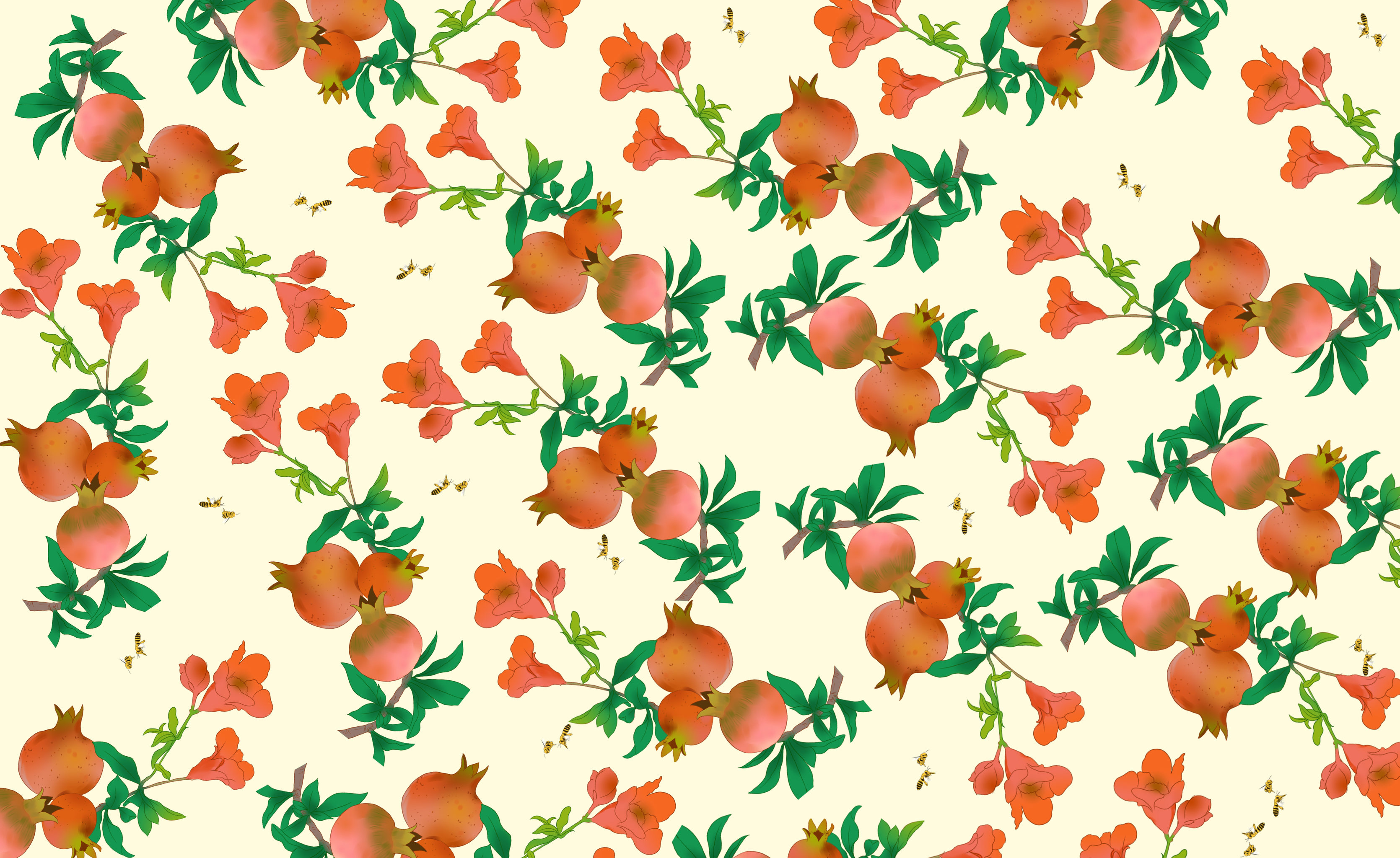 中国风小清新水果石榴果实成熟小蜜蜂仿古复古壁纸背景包装插画