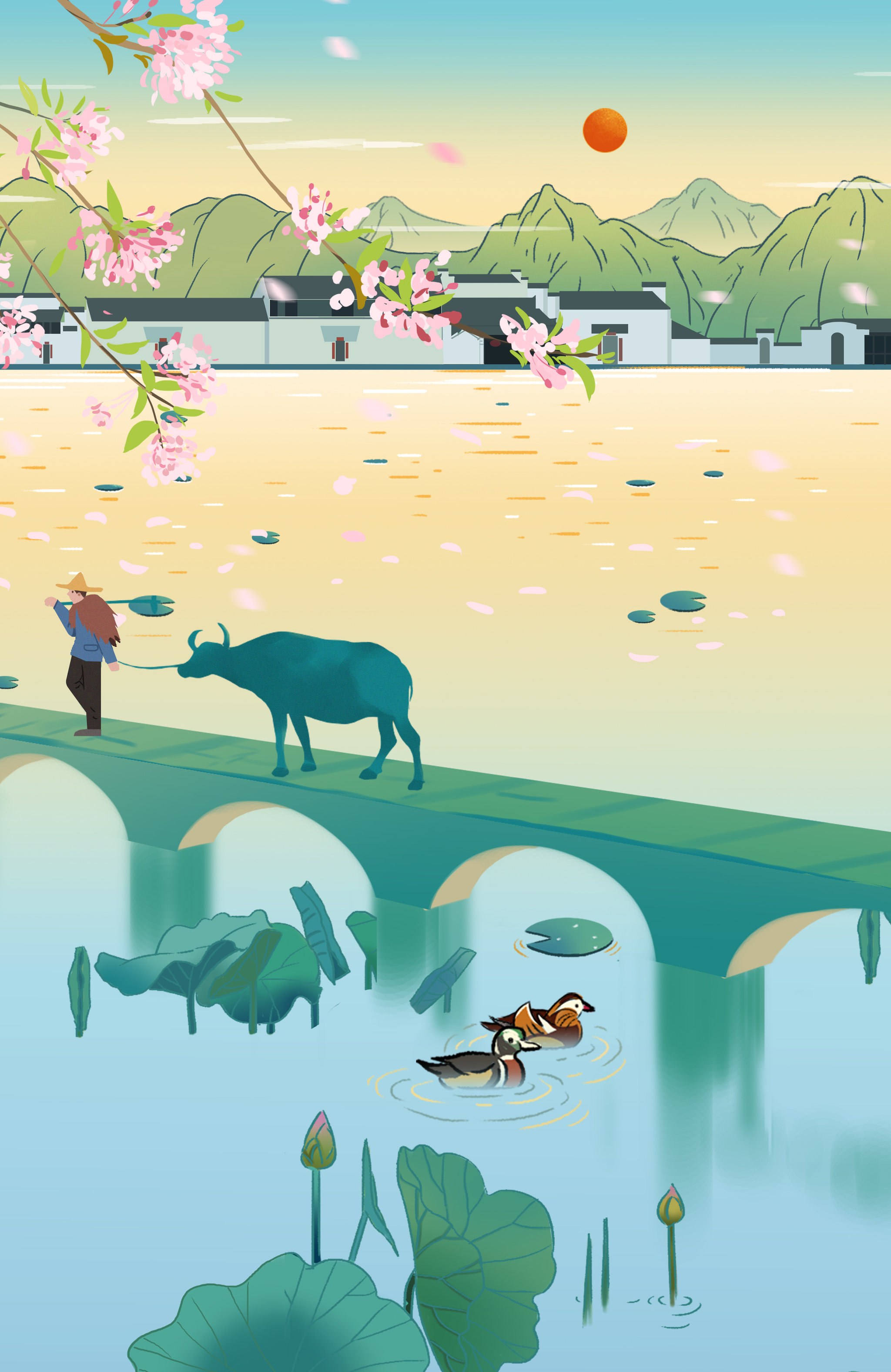 中国风新中式古风江南水乡安徽宏村世外桃源中国画青绿山水画插画