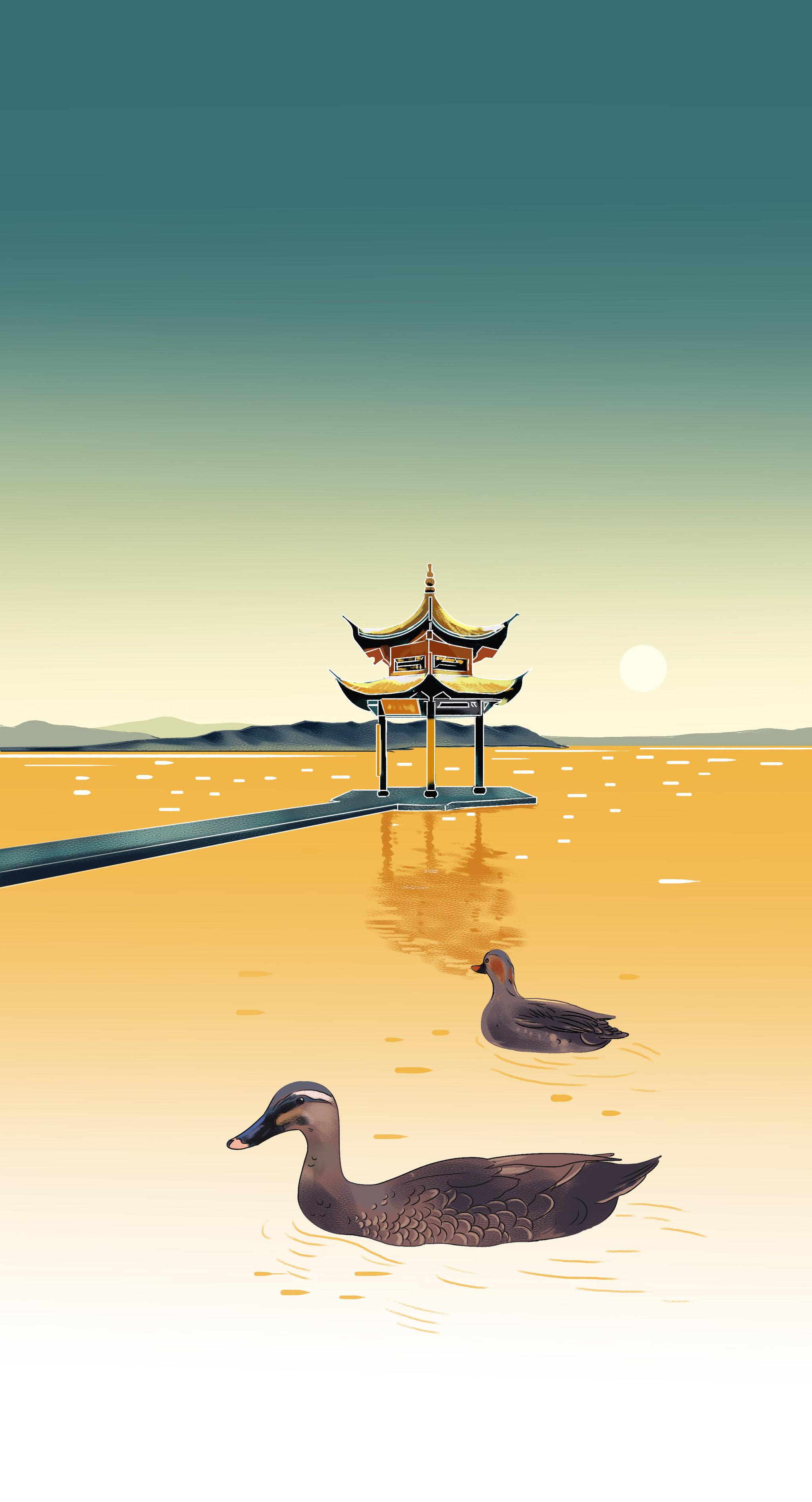 中国风浙江杭州西湖公园国风湖景城市风景旅游城市古风背景插画