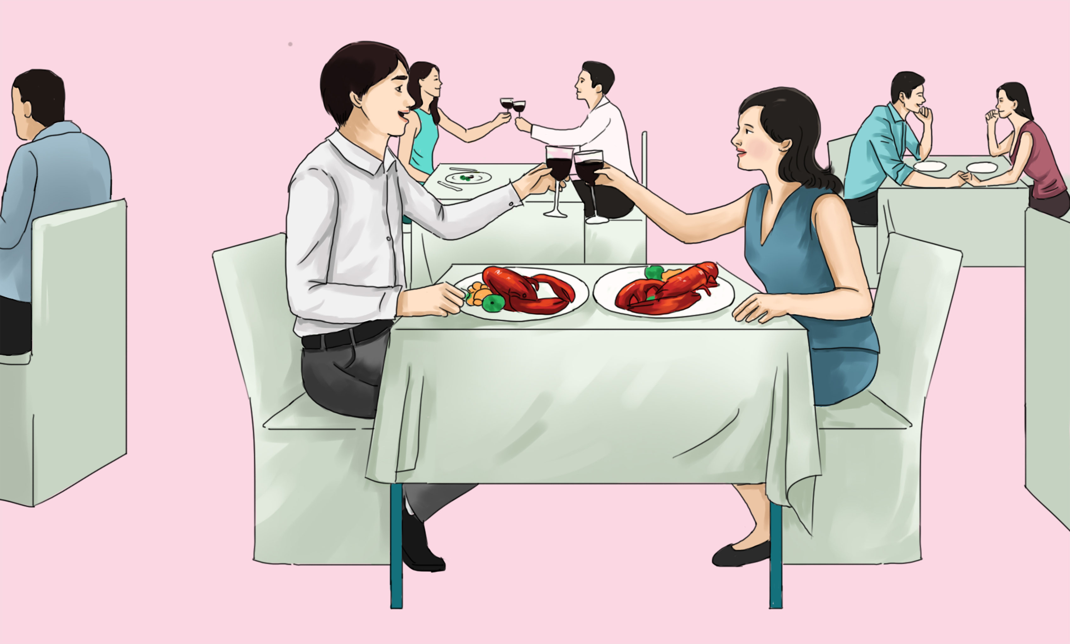 情侣浪漫聚会晚餐碰酒杯庆祝插画