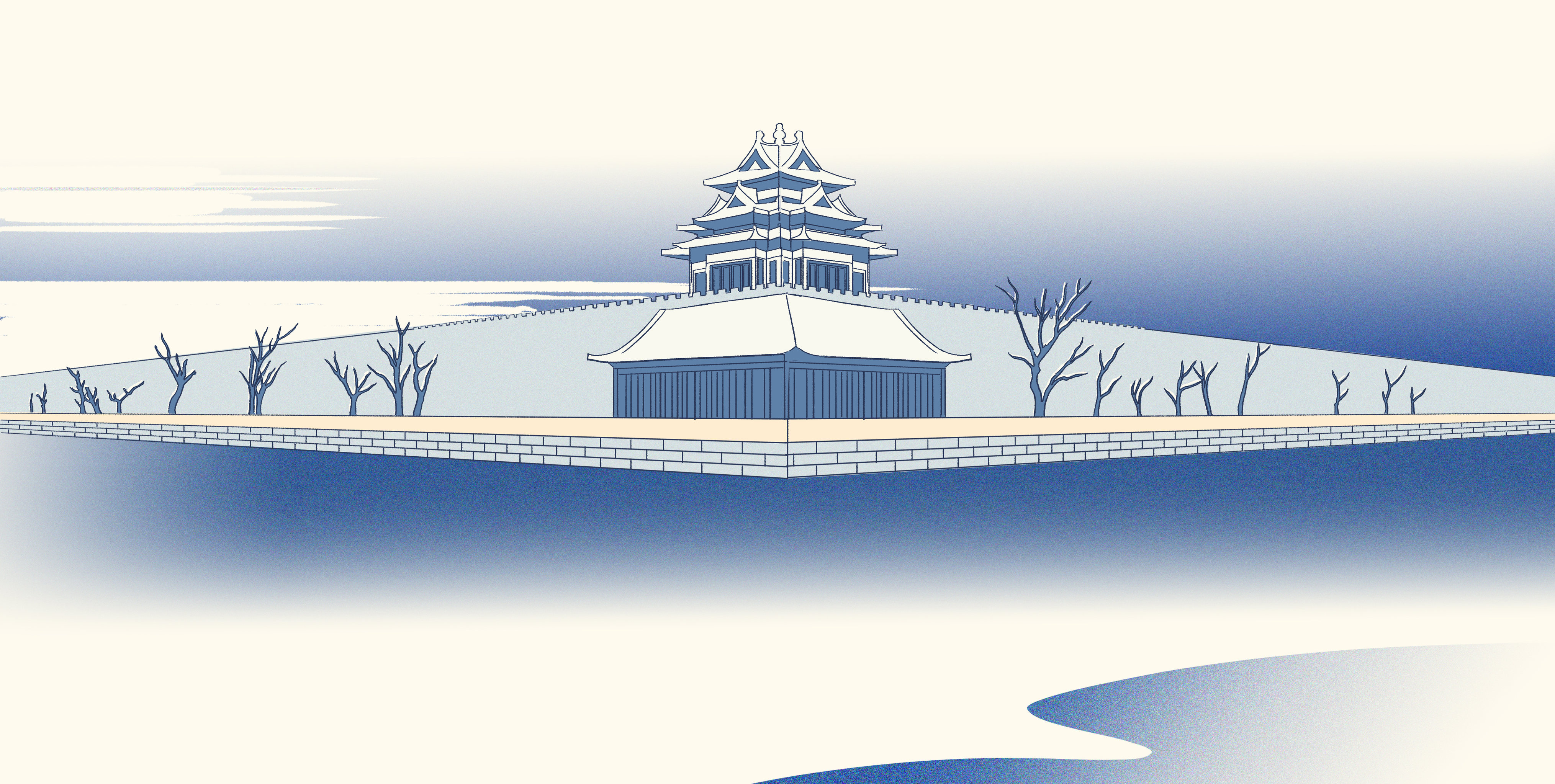 中国风新中式北京故宫角楼浮世绘风复古冬天明清古建筑冬季插画