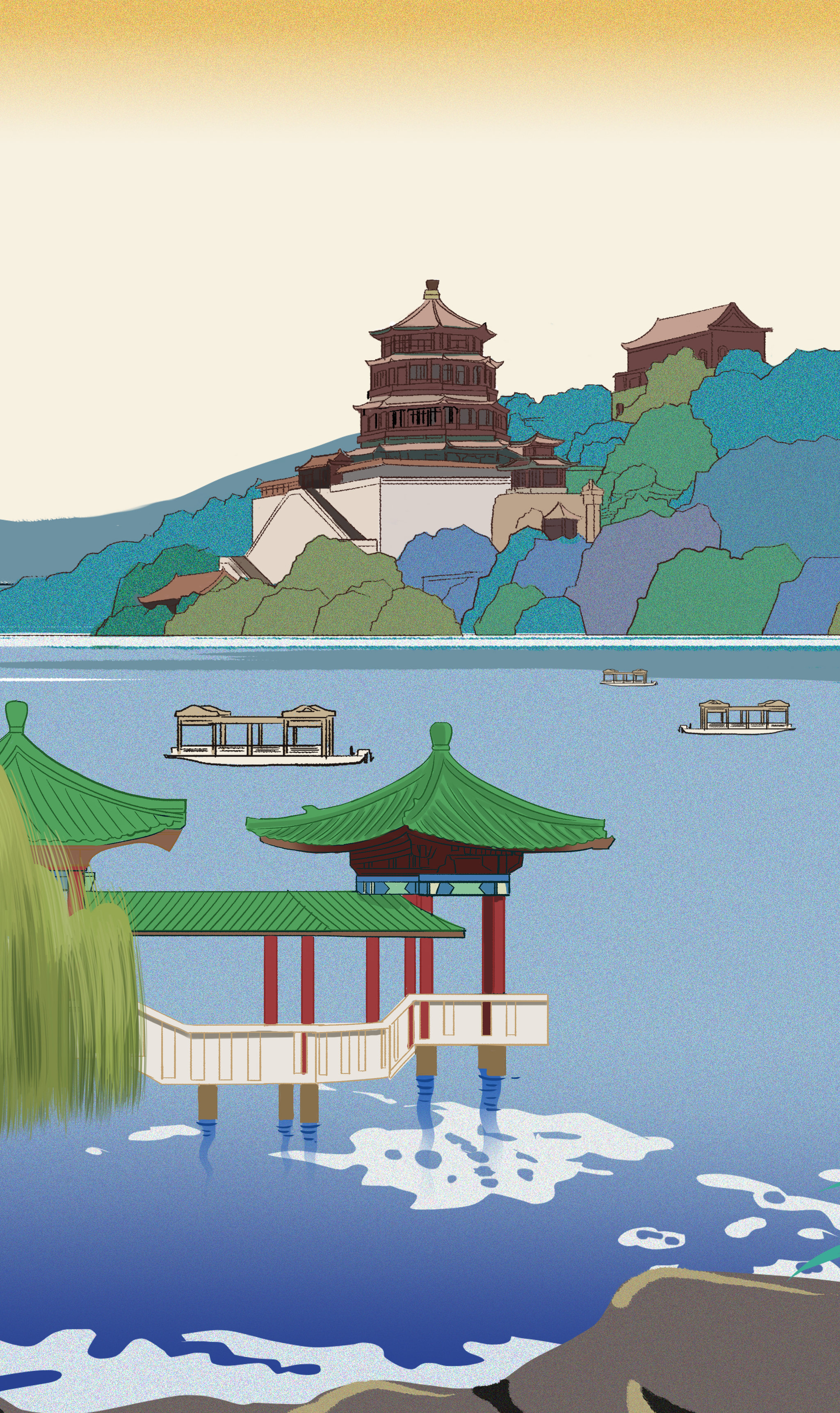 中国风新中式古风北京颐和园旅游城市仿古浮世绘风景插画