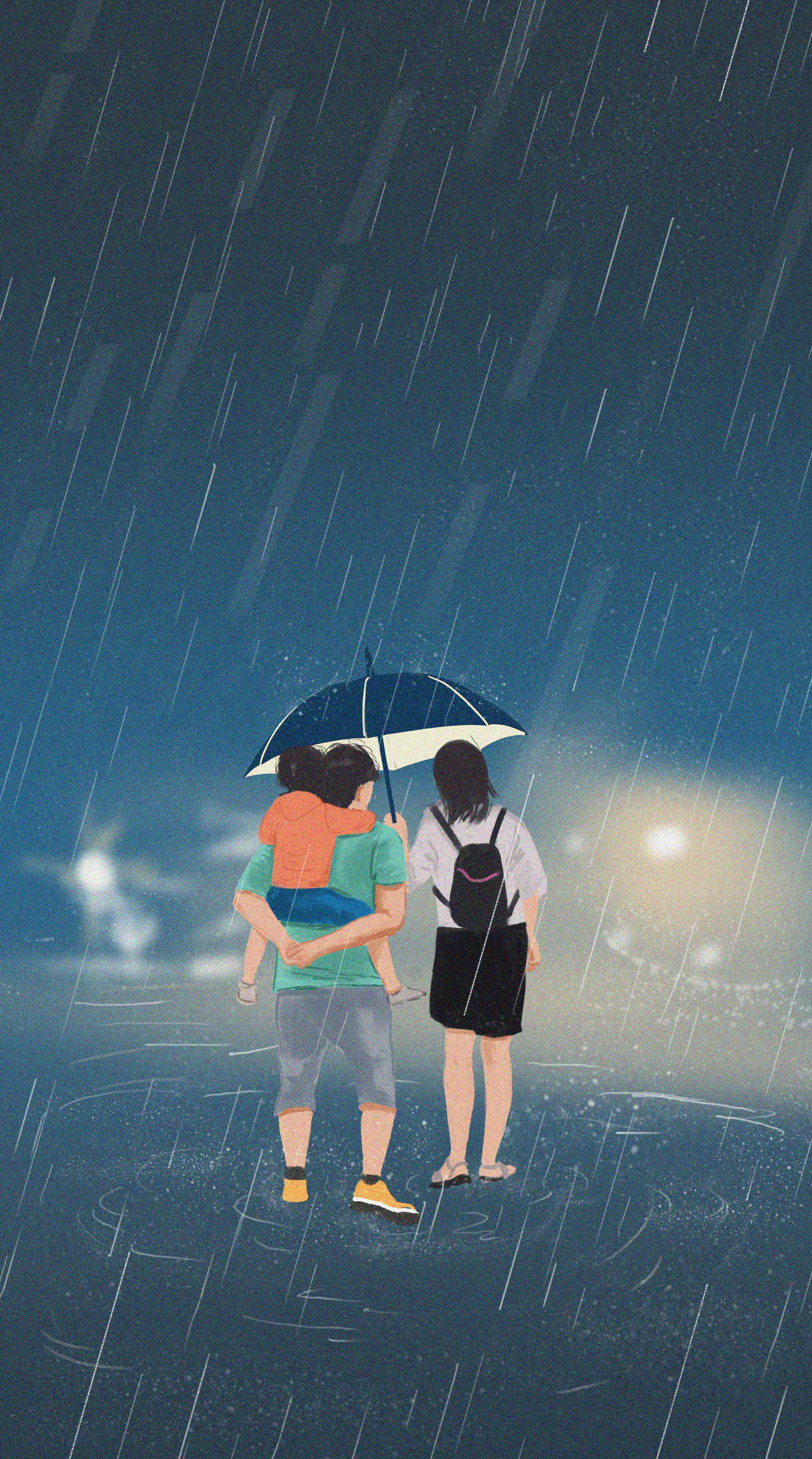 亲子互动家庭陪伴孩子发烧去医院父爱母爱温暖插画