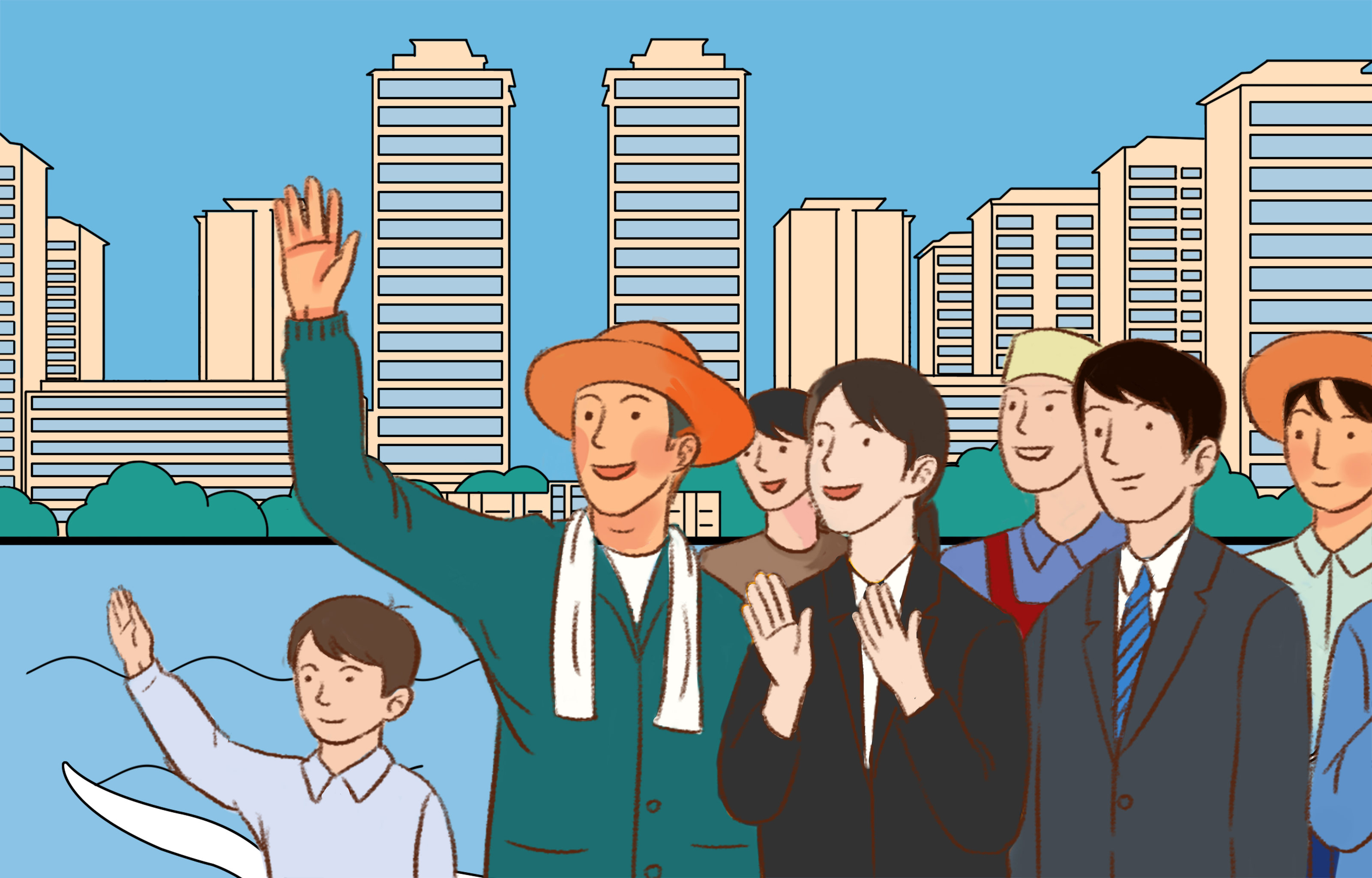 社会劳动人民农民工人学生群众知识分子建设团结插画