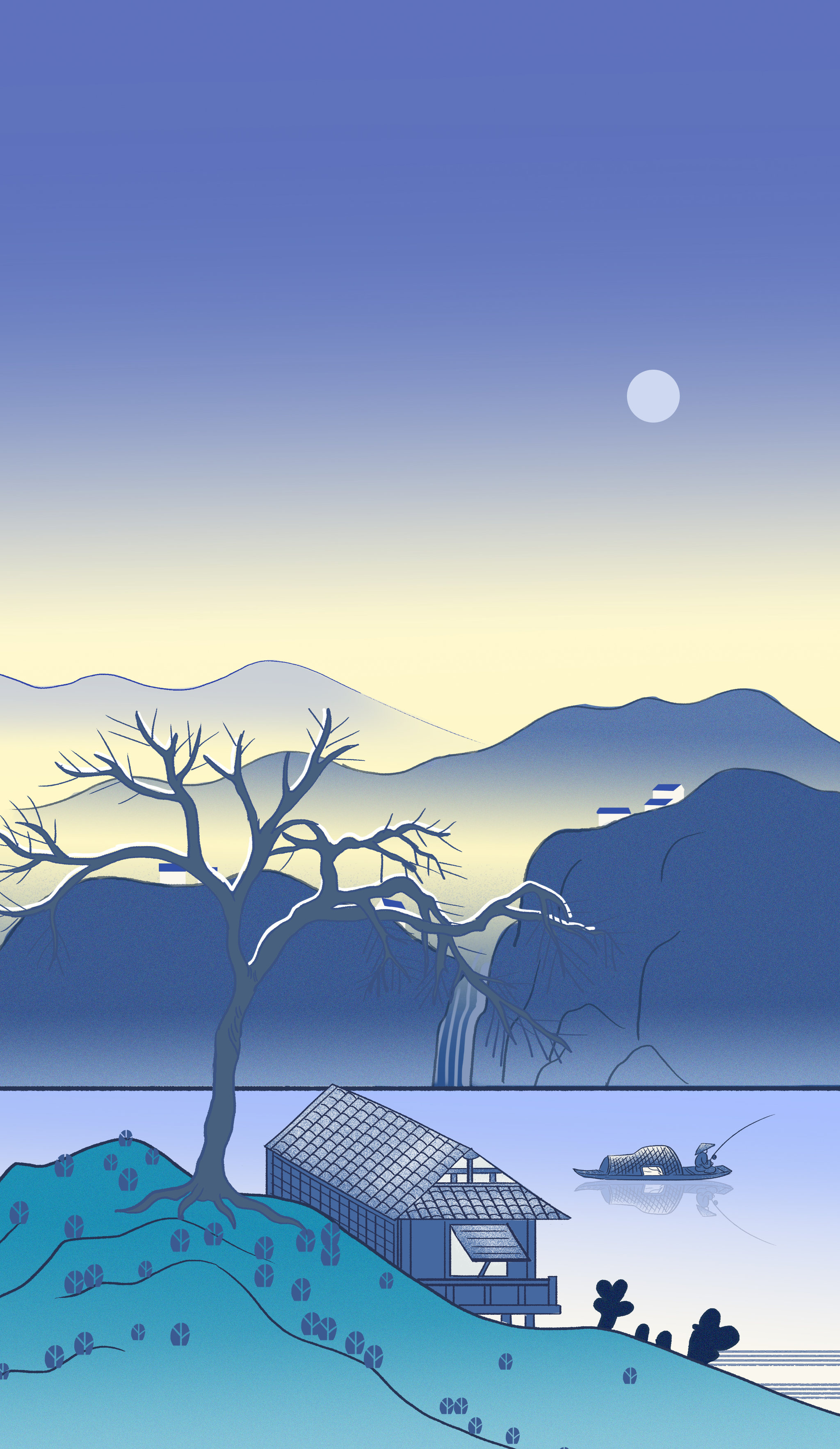 中国风新中式中国画山水画地理仿古浮世绘风山川湖泊插画