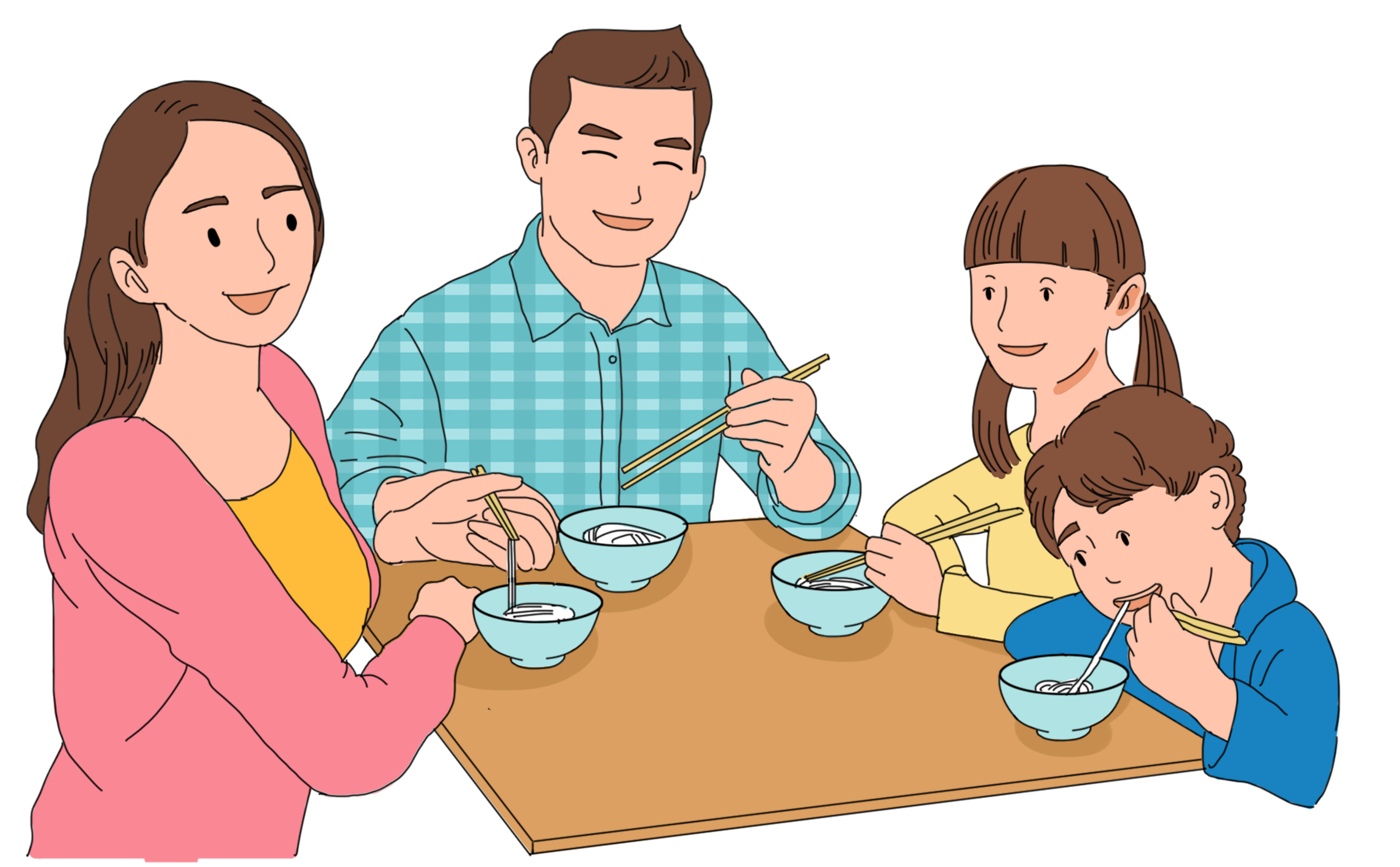 一家人早上吃早餐生活方式插画