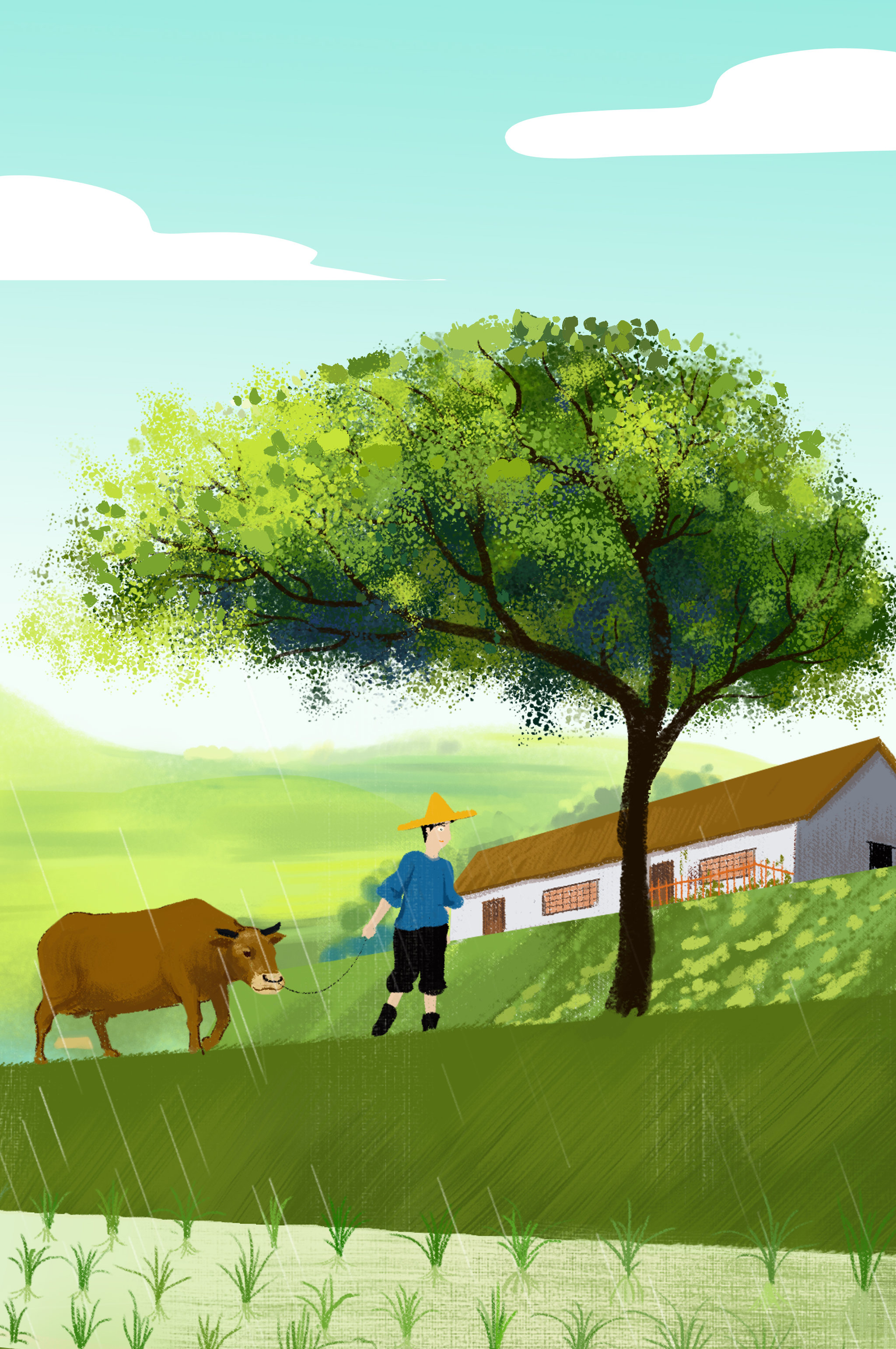 中国风新中式古风二十四节气南方村庄乡下耕种农民背景插画