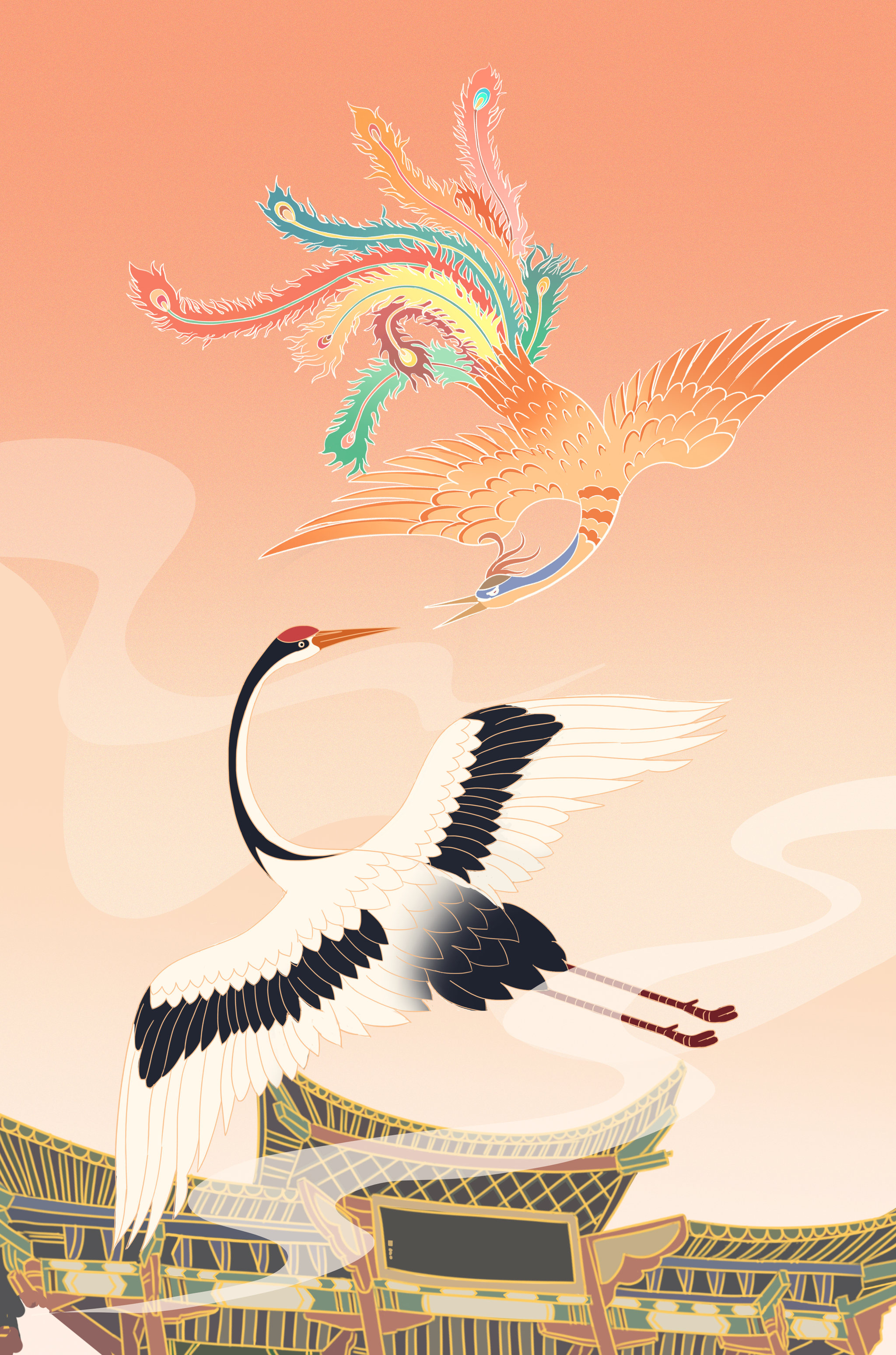 中国风神话动物仙鹤凤凰古风国潮传统民间吉祥新年贺岁海报插画