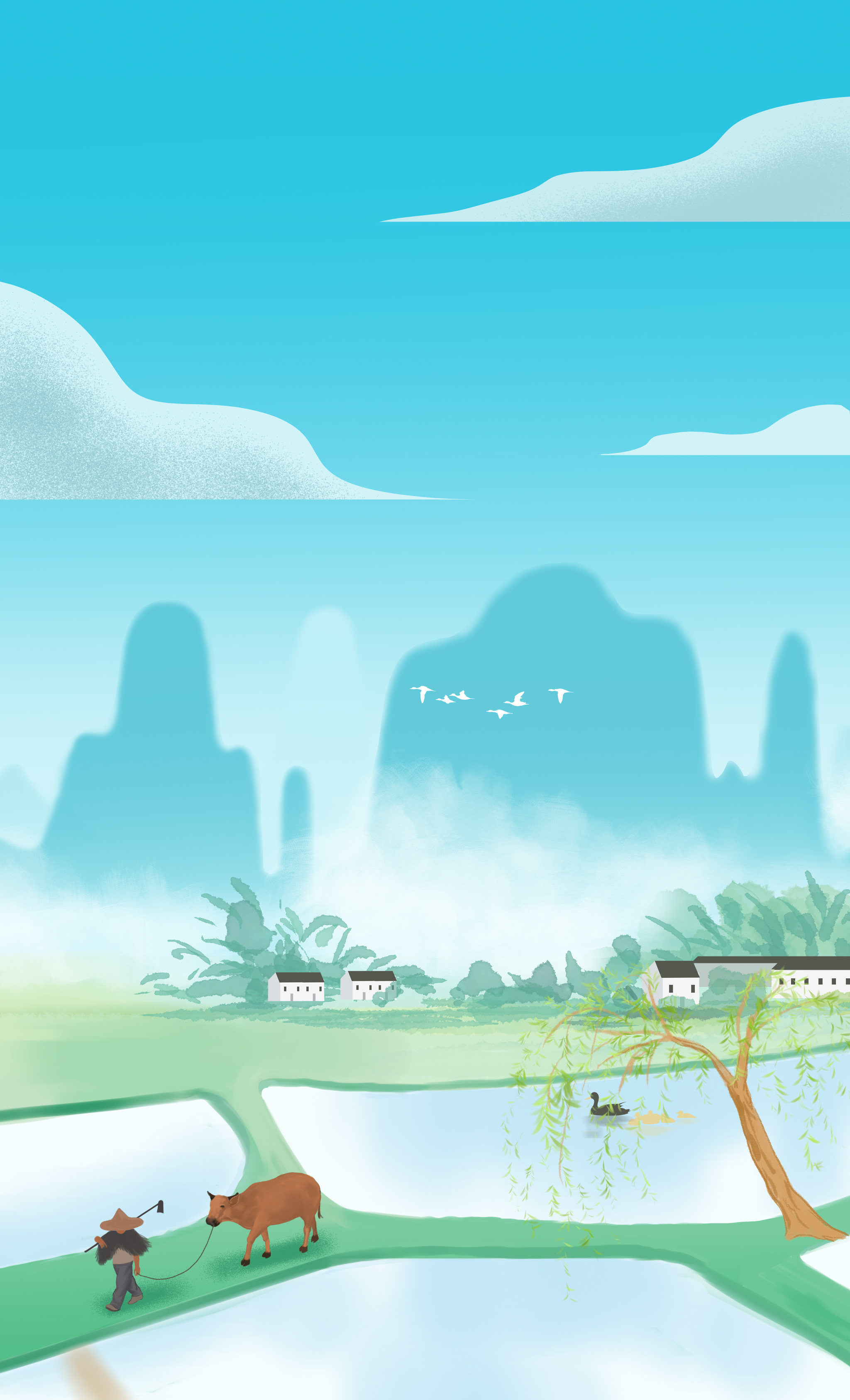 中国风新中式古风江南水乡南方水稻田湖面中国画青绿山水画插画