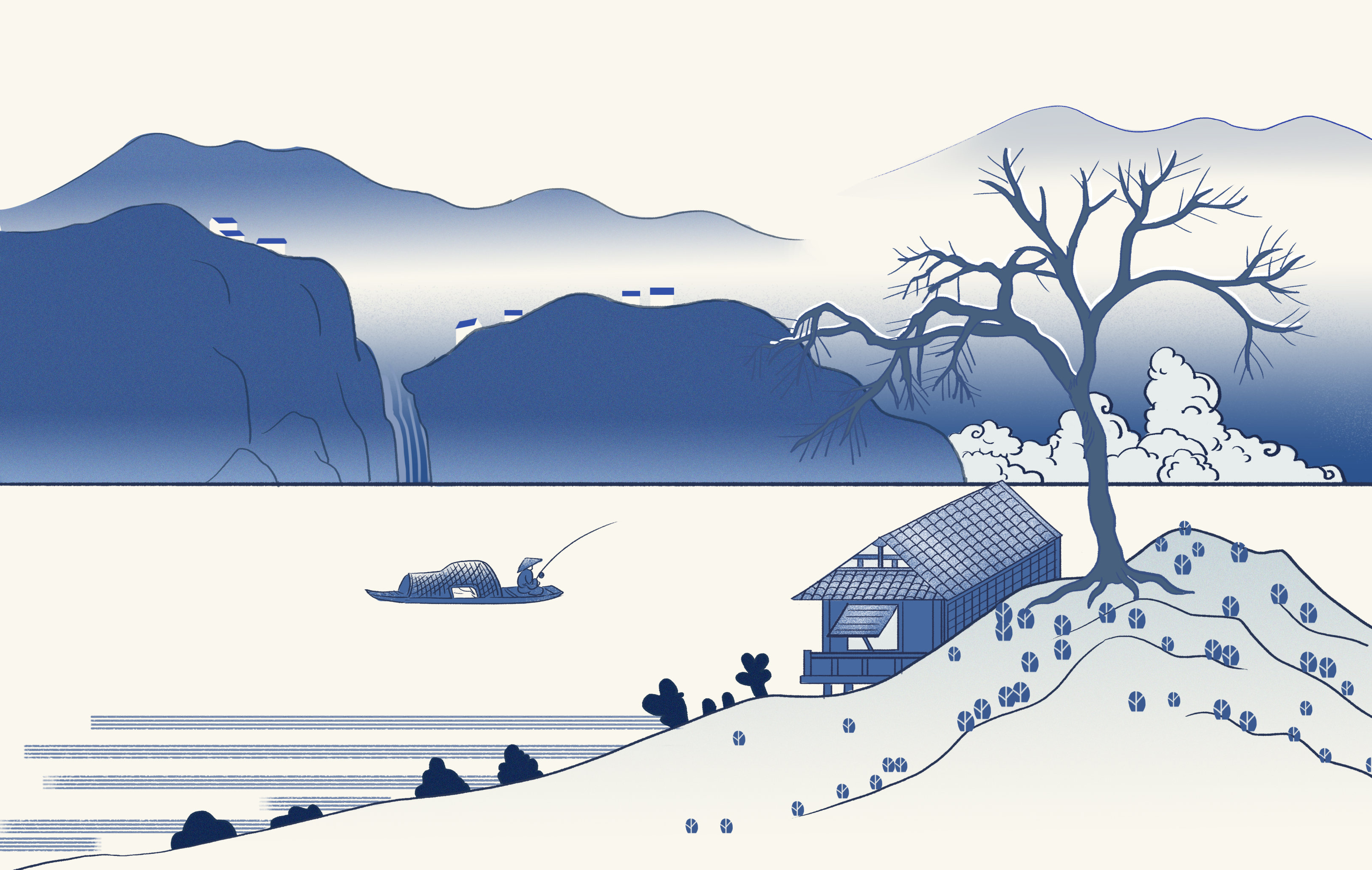 中国风仿古浮世绘新中式国画青色山水画意境江河湖泊背景插画