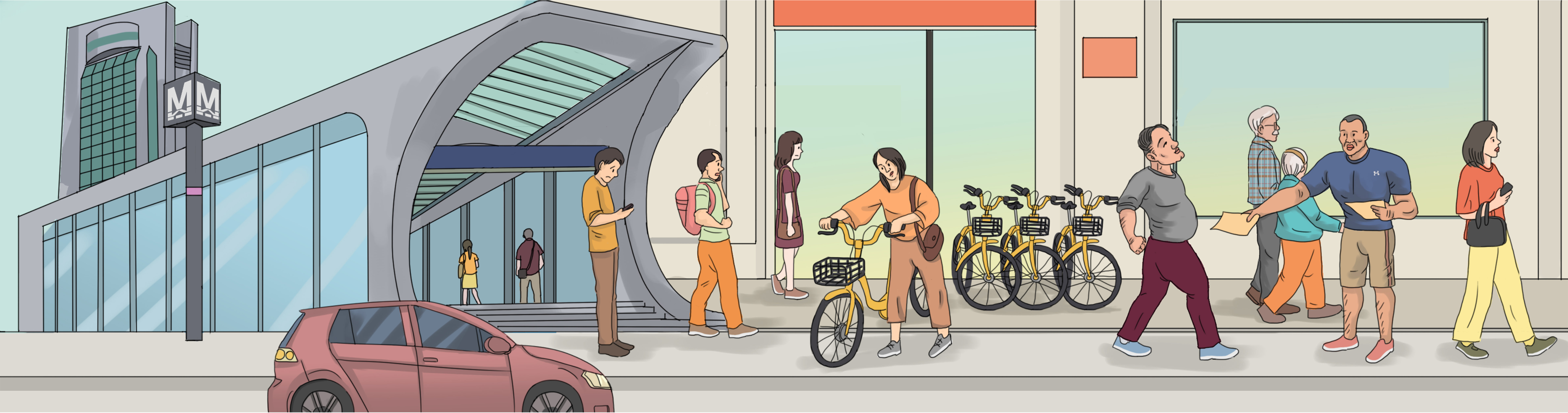 社会公共场合户外人群场景生活插画