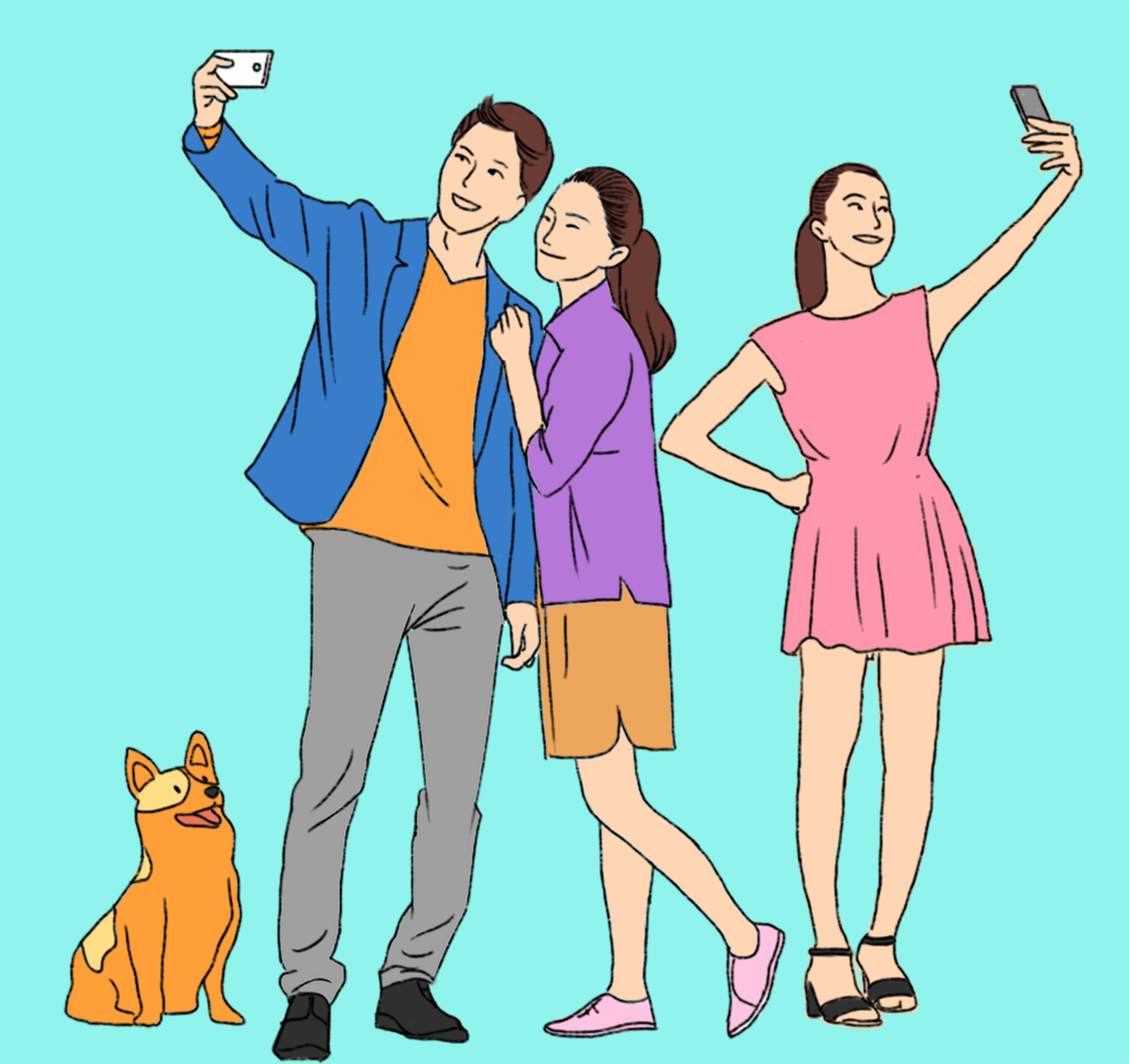 年轻人手机自拍青春活力情侣照相插画 - 牛牛油果子 - 原创作品