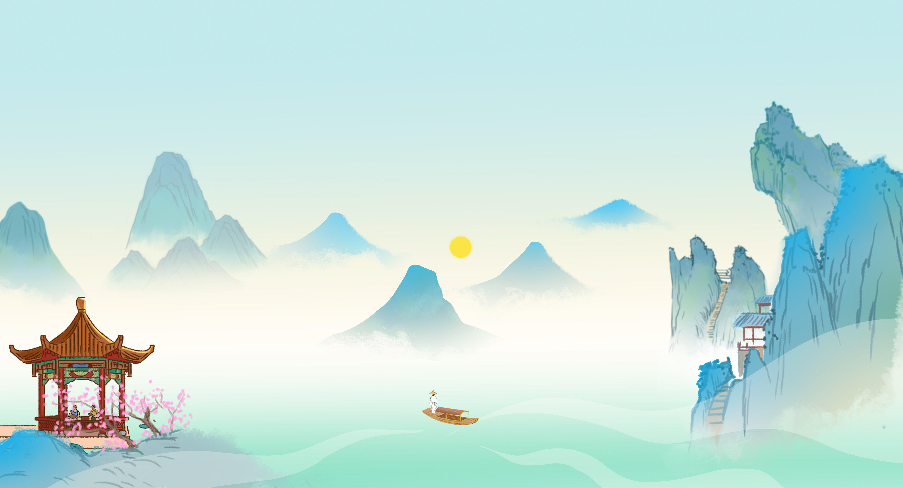 国潮风中国传统文化青绿山水国画古诗词配图意境国风插画