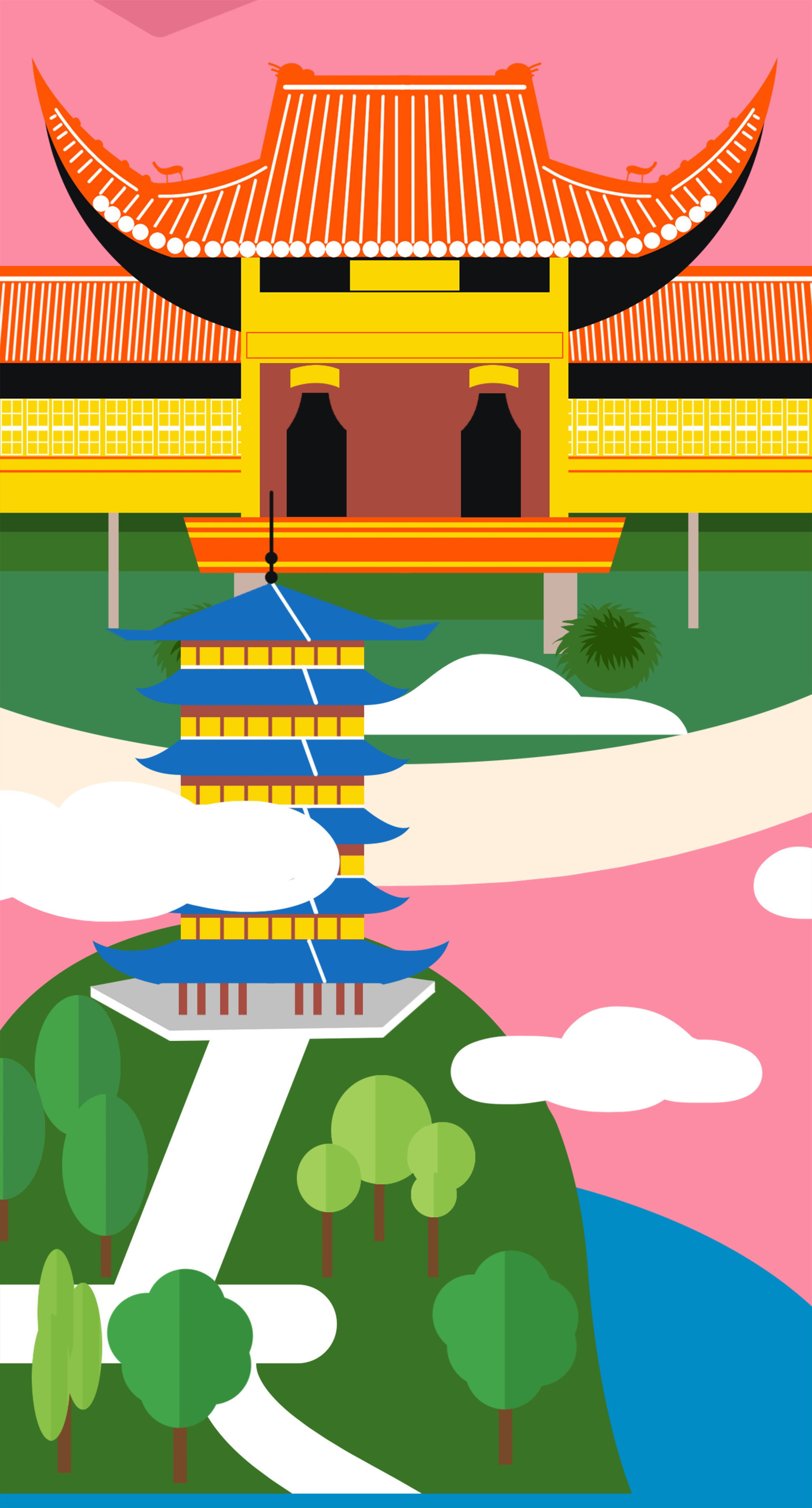 扁平风古建筑山上古塔云朵插画