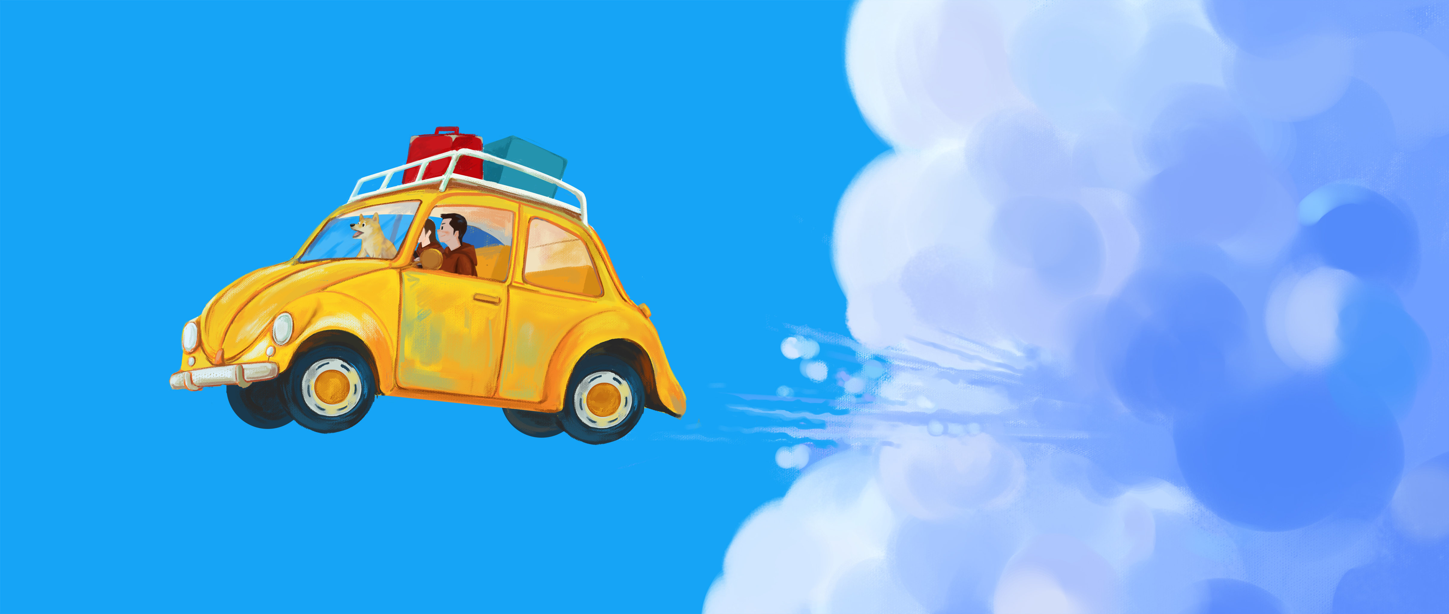 浪漫情侣幻想旅行天空穿越可爱唯美插画