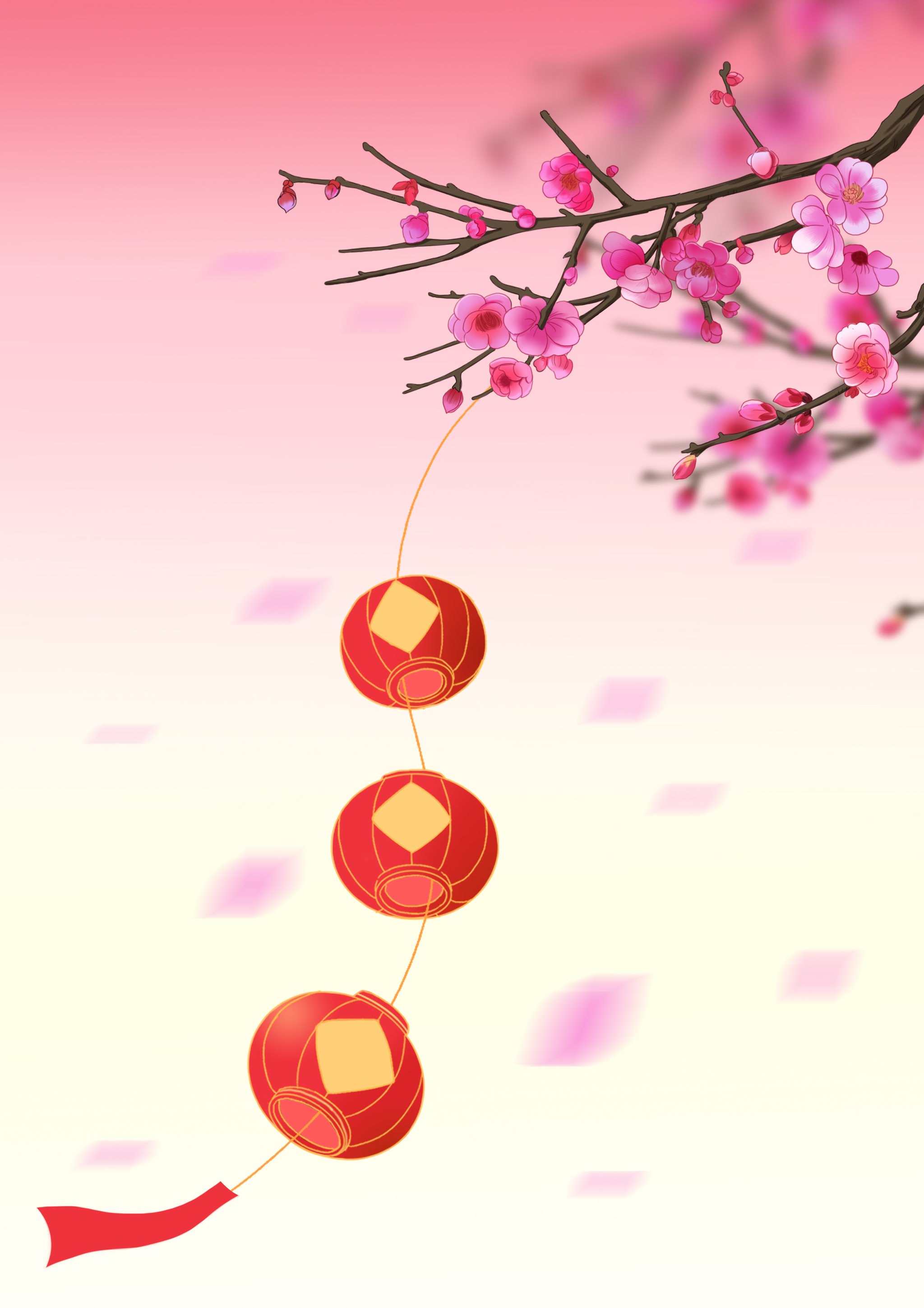 国潮风冬季新年梅花景色灯笼节日节气过年除夕庆贺图插画