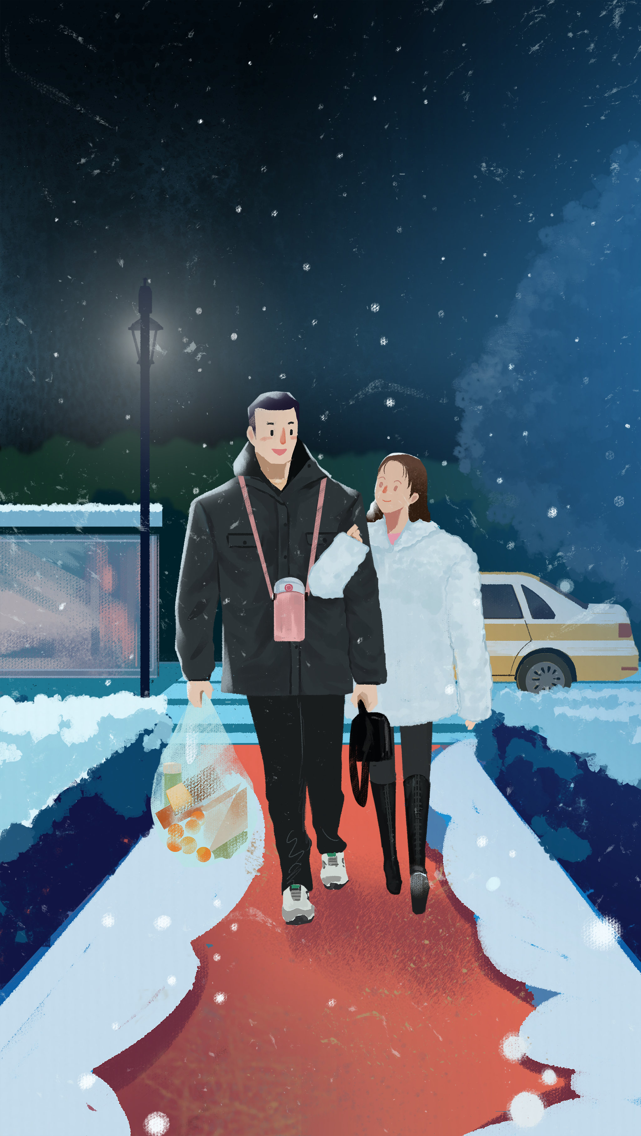 雪天浪漫情侣日常生活插画 - 牛牛油果子 - 原创作品 - 视觉中国