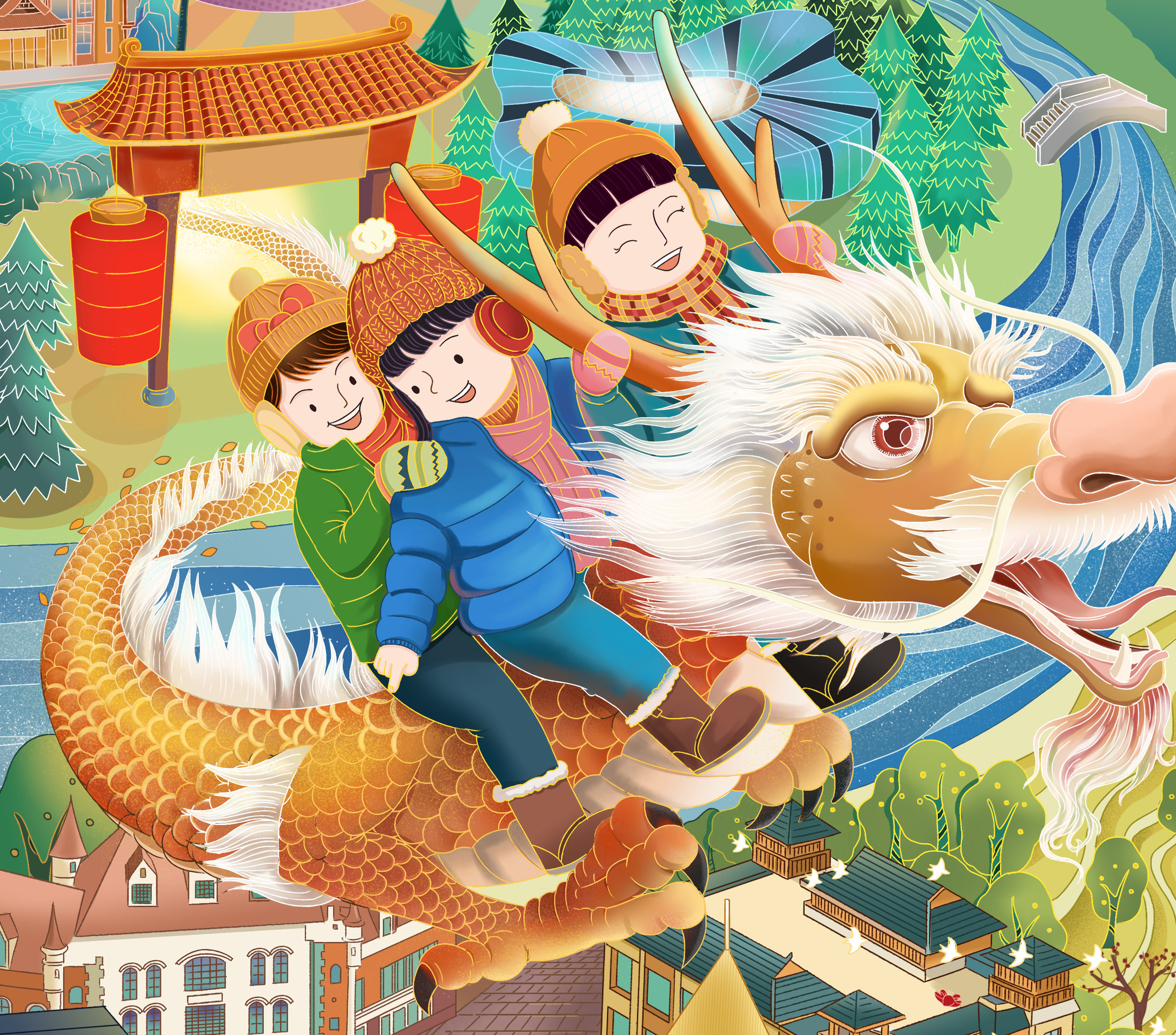 国潮风骑龙少年新春海报素材神话神龙飞天幻想中式风元