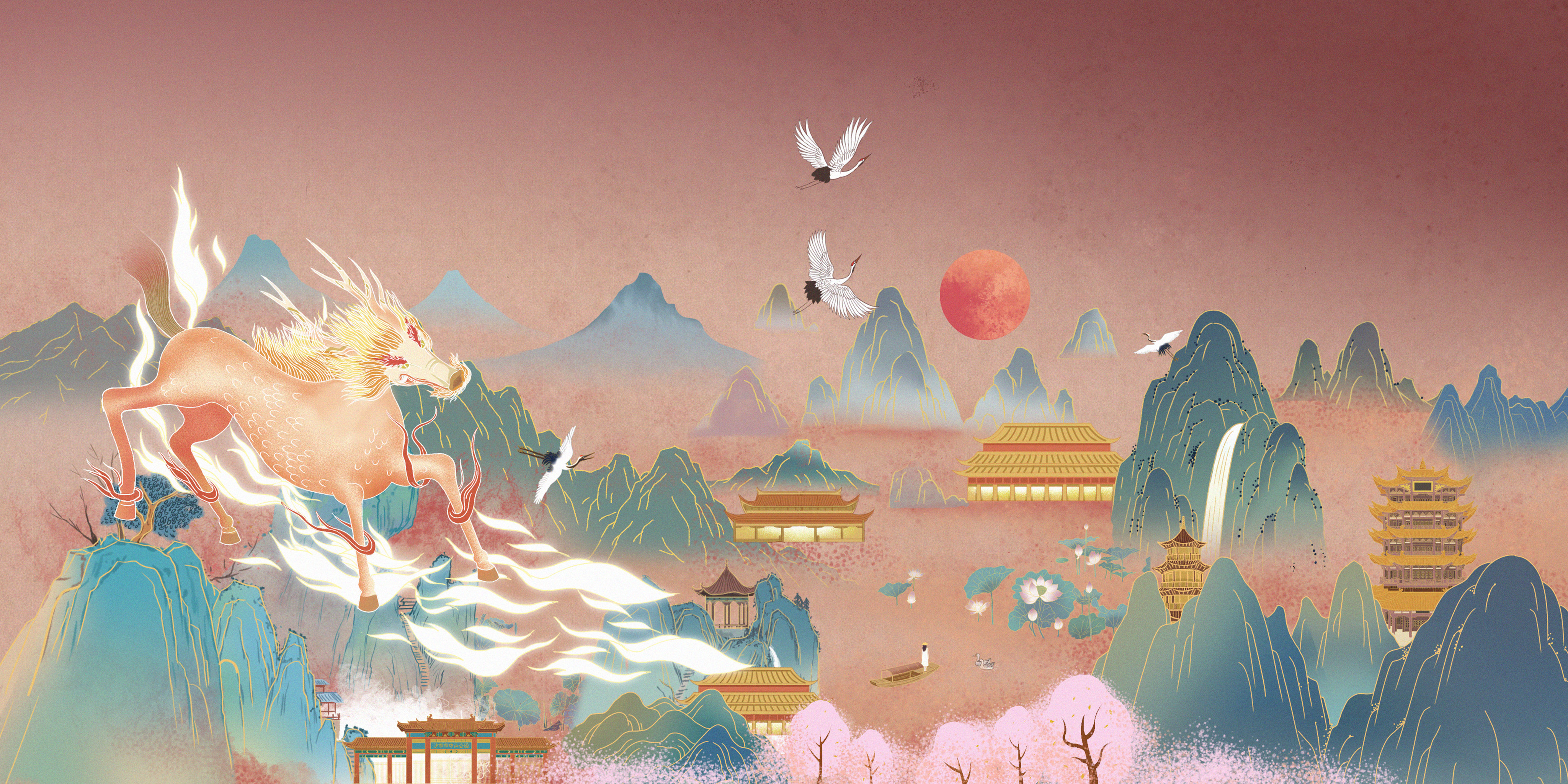 中国风传统山水画轴青绿山水古风国潮横图插画