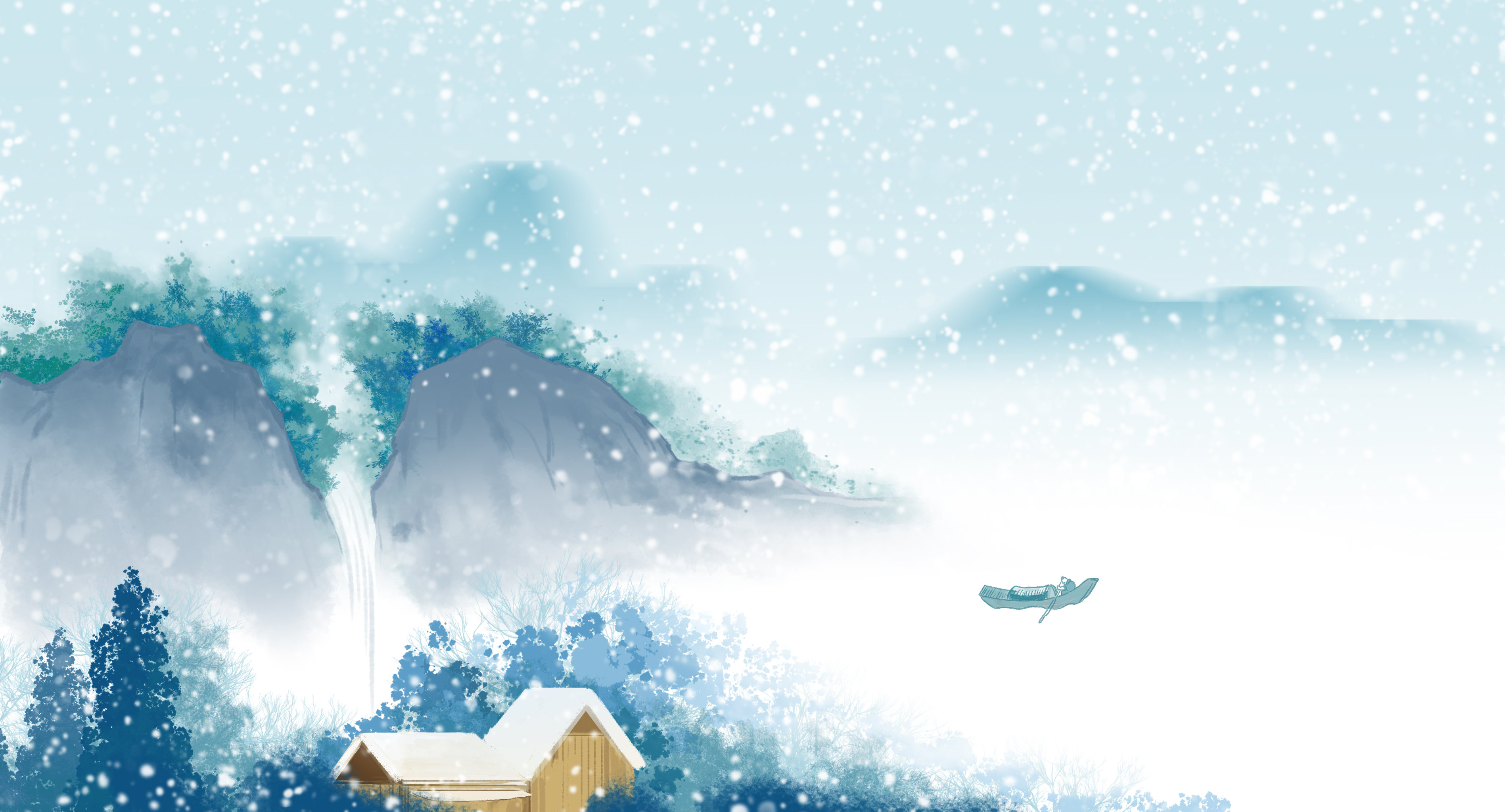 中国风青绿山水画仿古山川河流瀑布隐居生活方式下雪天背景插画
