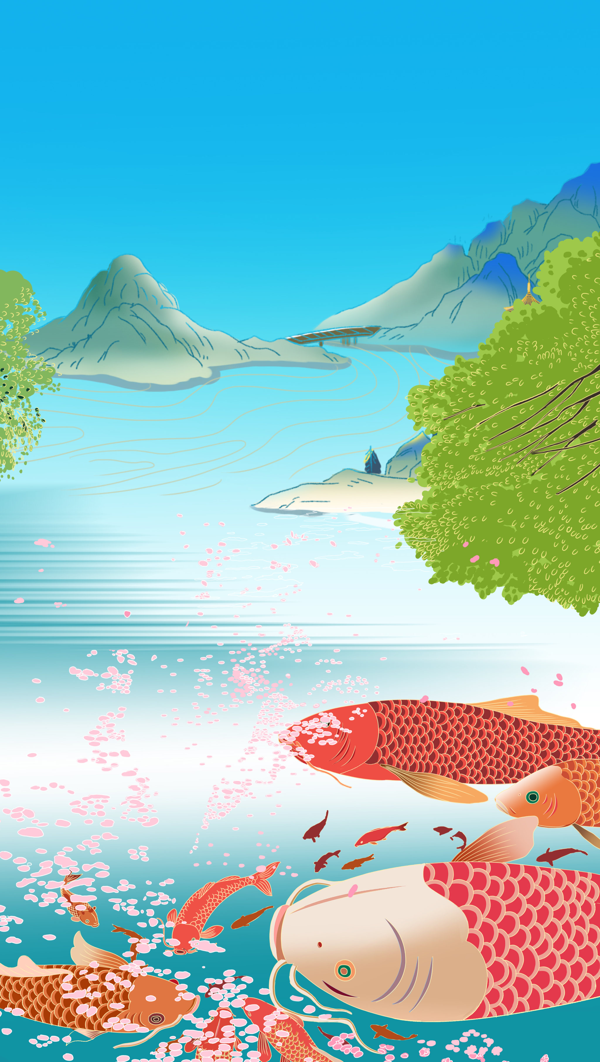 中国风新中式古风二十四节气江河湖泊鲤鱼节日海报宣传插画