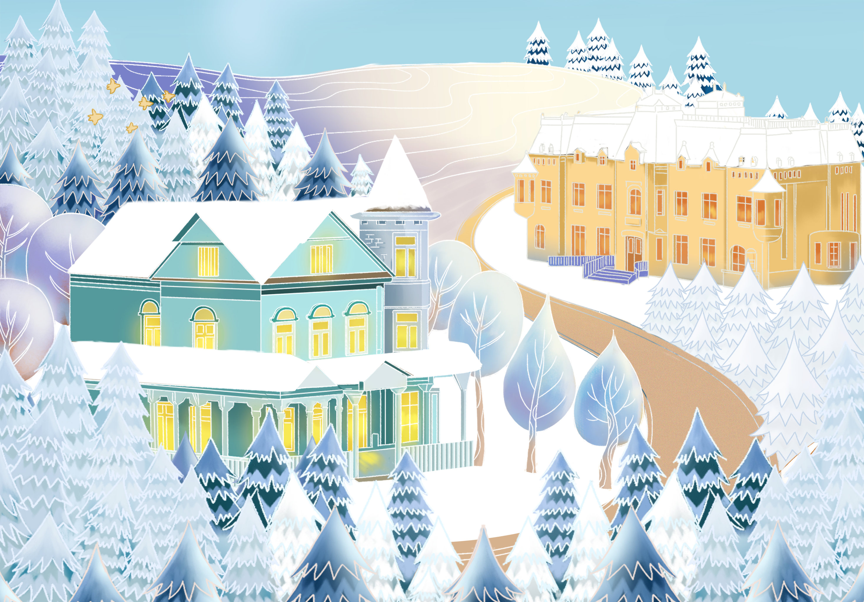 中国风北方冬天大雪寒冷户外城市老建筑森林茂盛插画