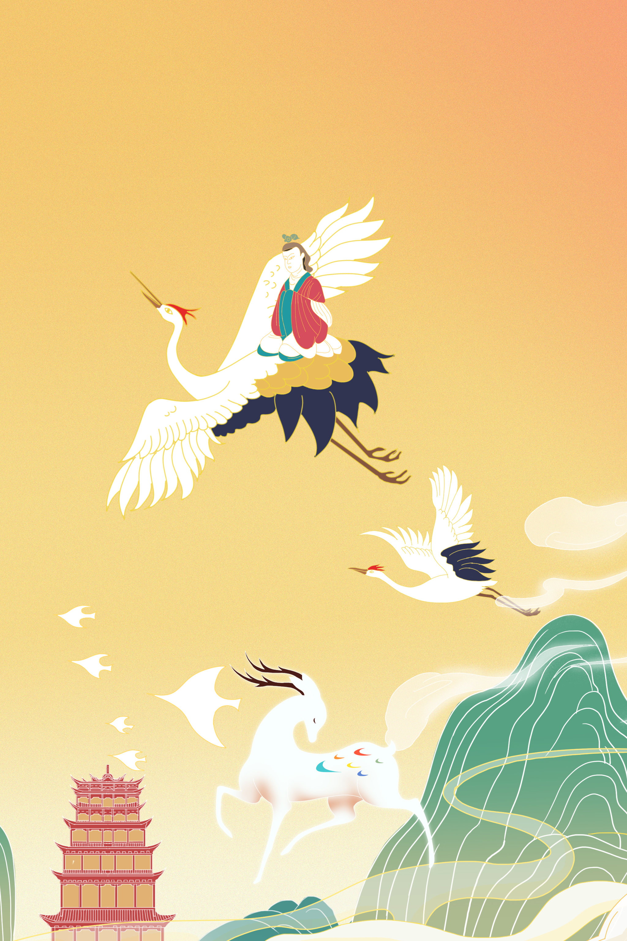 国潮中国风新中式传统文化敦煌莫高窟九色鹿仙鹤古风插画