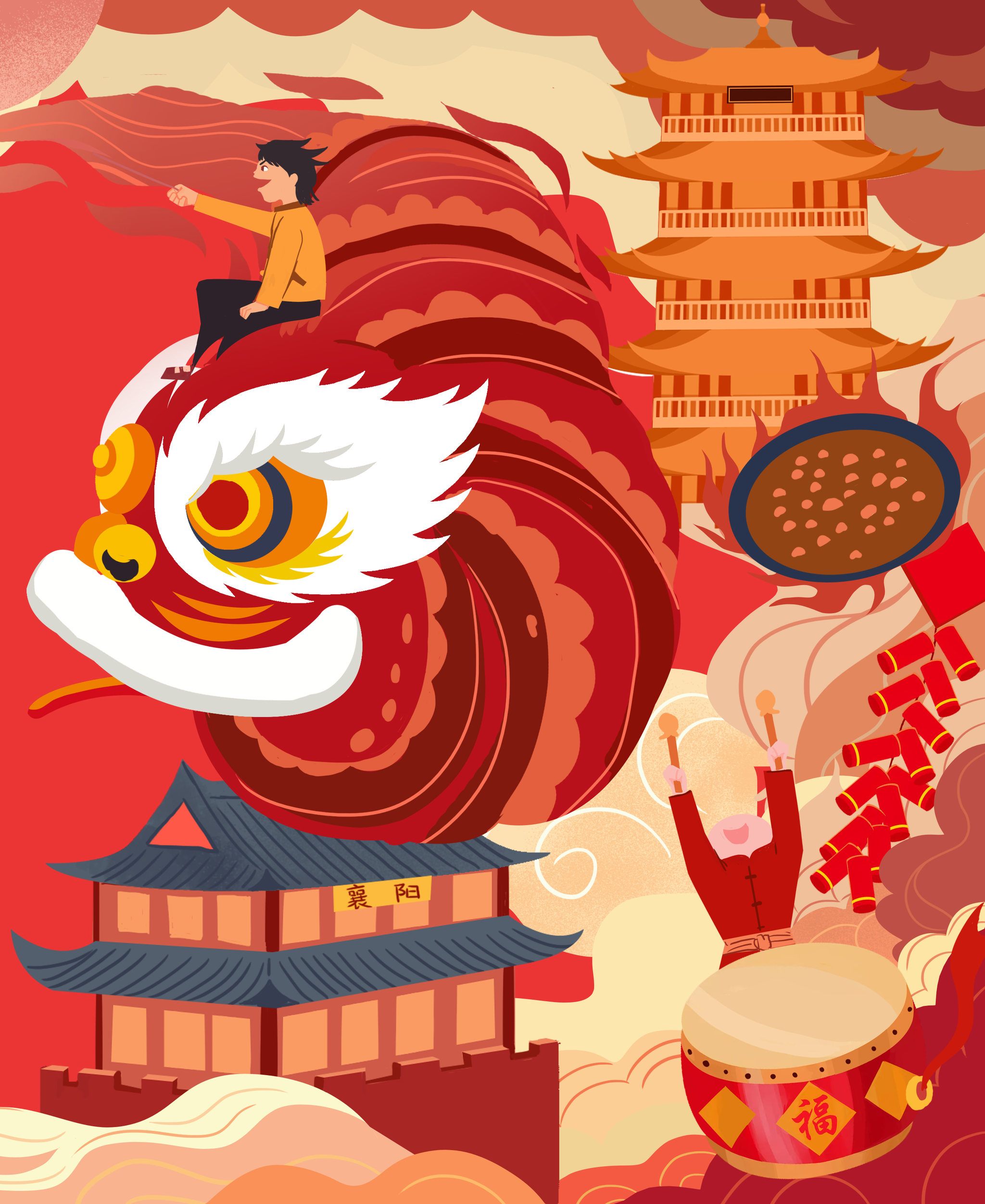 国潮风新年新春节日节气舞狮大年初一庆祝欢庆春节城市插画