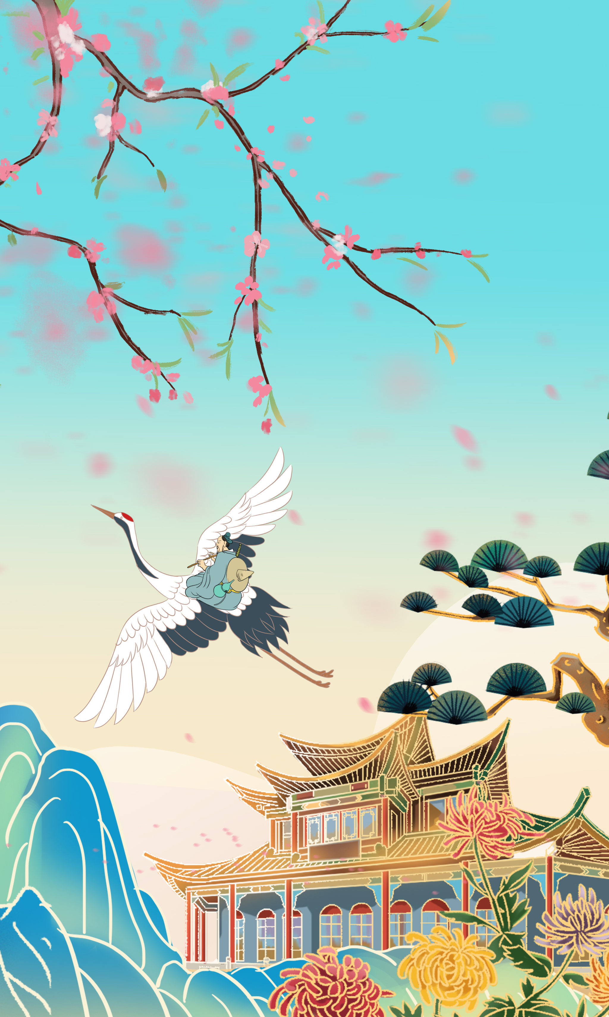 中国风新中式中国画青绿山水画仿古建筑亭台楼阁菊花节气插画