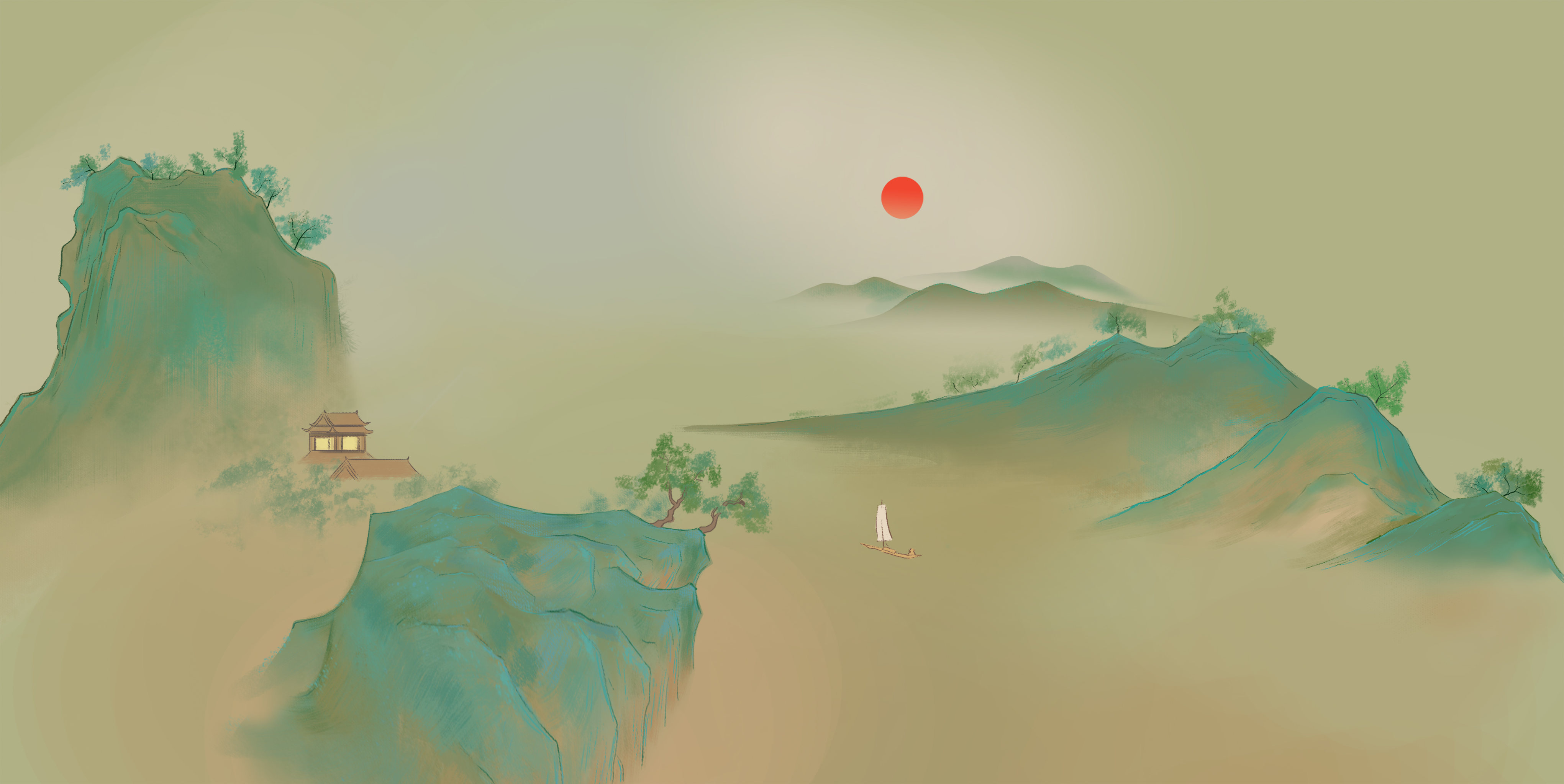 中国风新中式中国画青绿山水画江河湖泊山川地理仿古风景插画