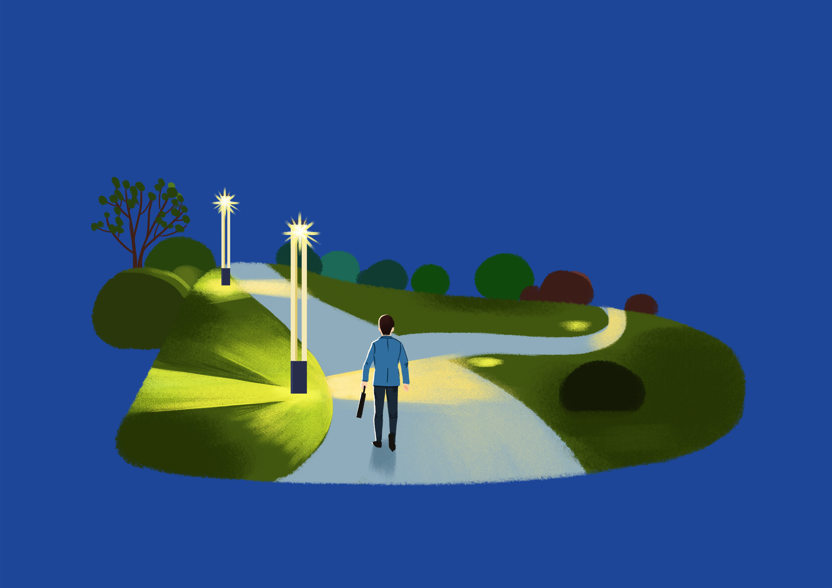 上班族加班夜晚回家扁平风卡通插画