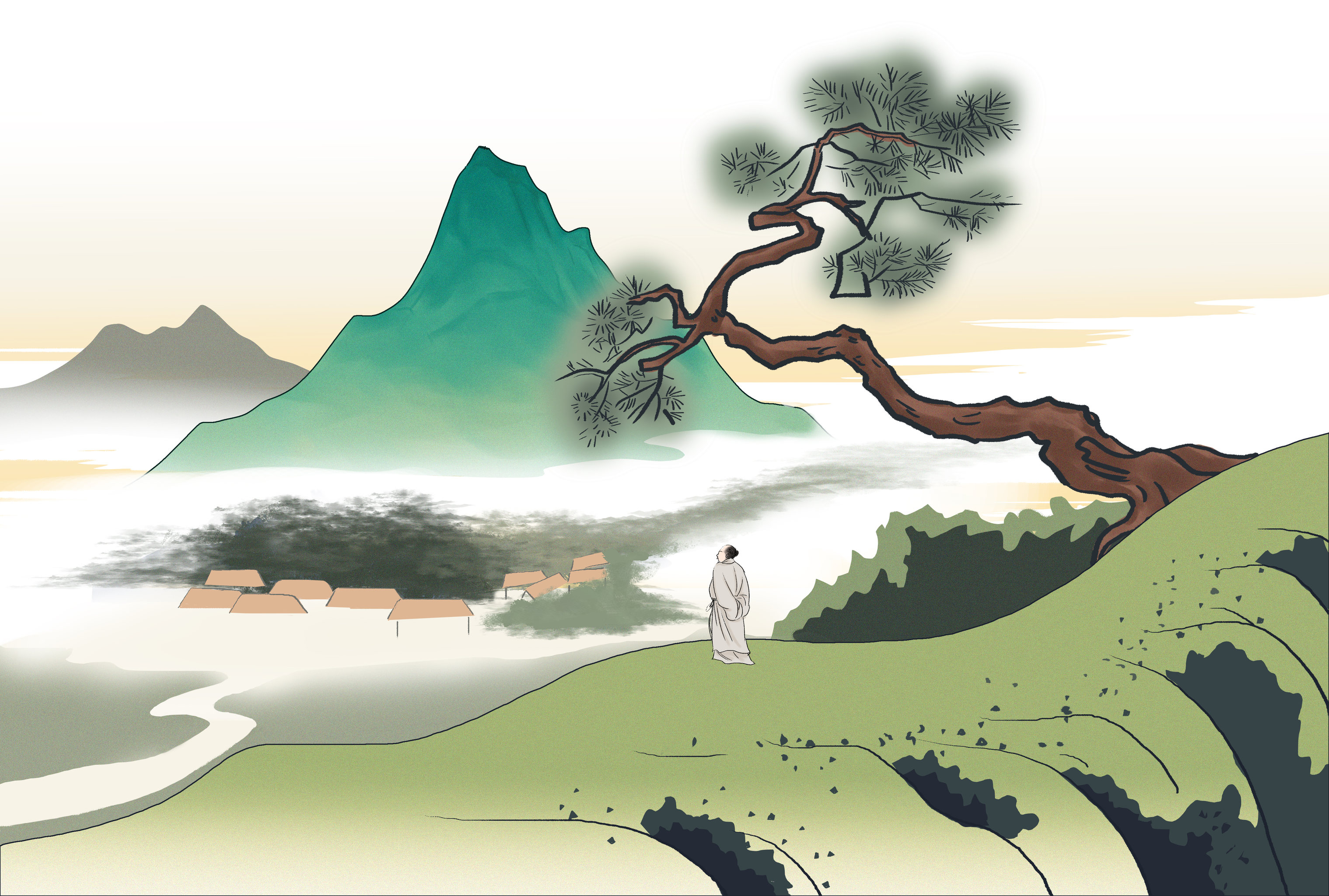 中国风新中式复古青绿山水画世外桃源隐居仿古风意境背景插画