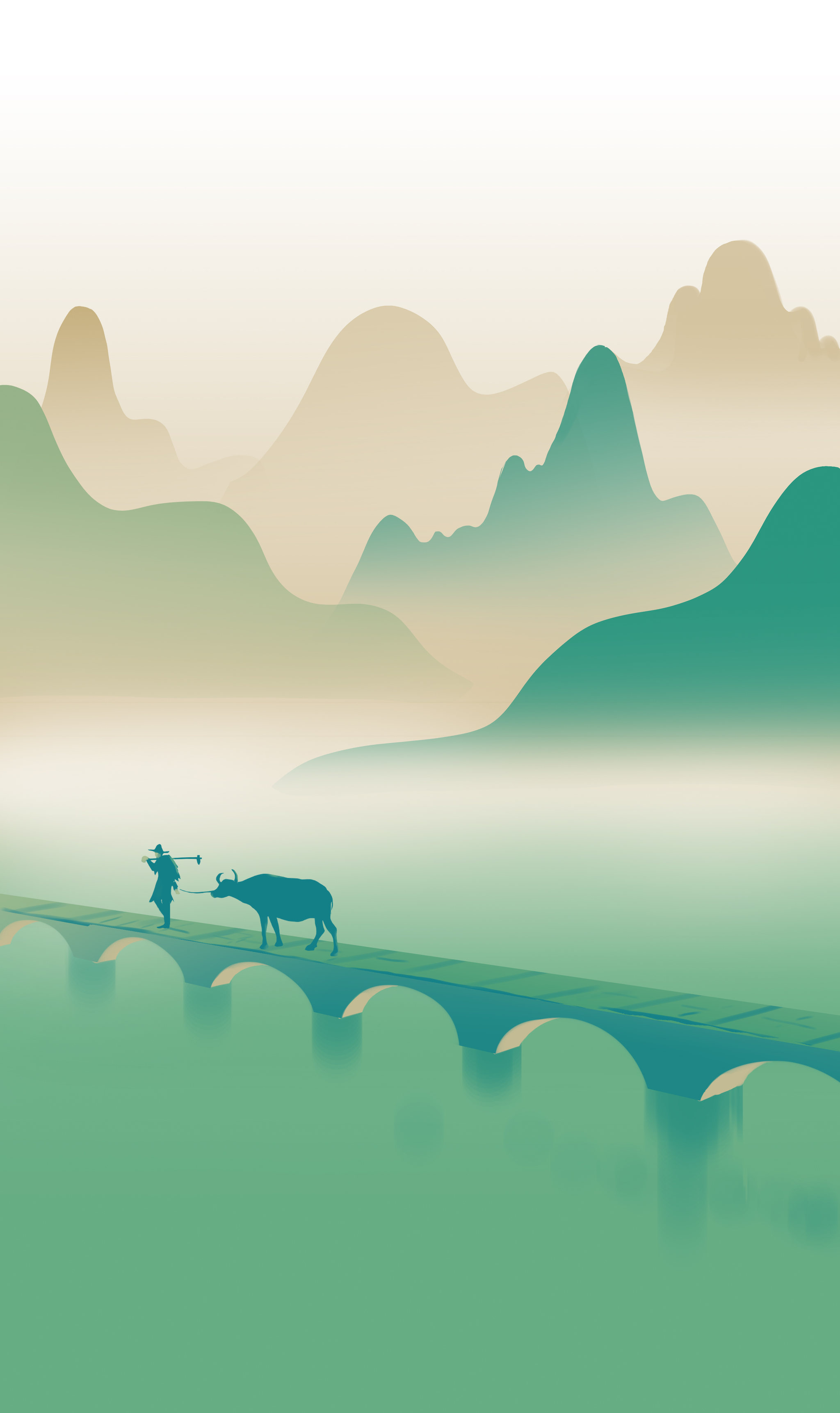 扁平风江南水乡中国乡村生活老人牵牛水墨风意境中国风背景插画