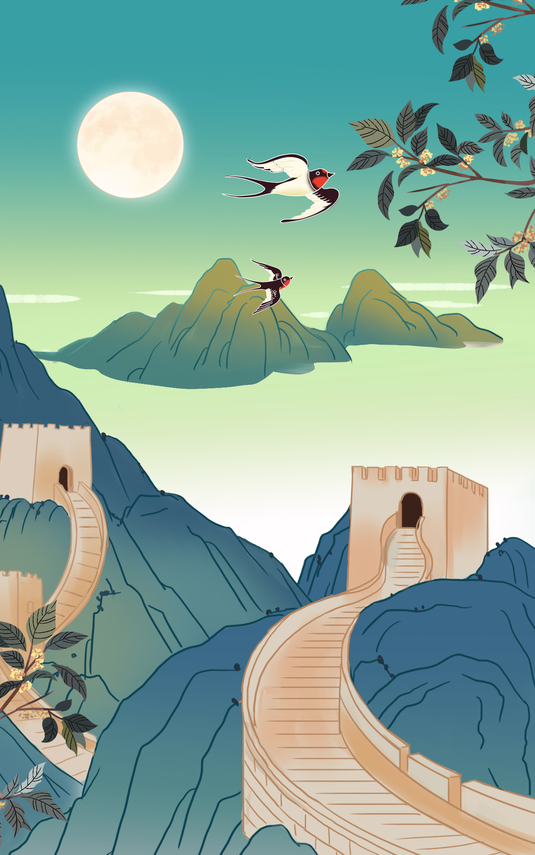 中国风新中式中华历史古建筑北京八达岭万里长城节日国庆宣传插画